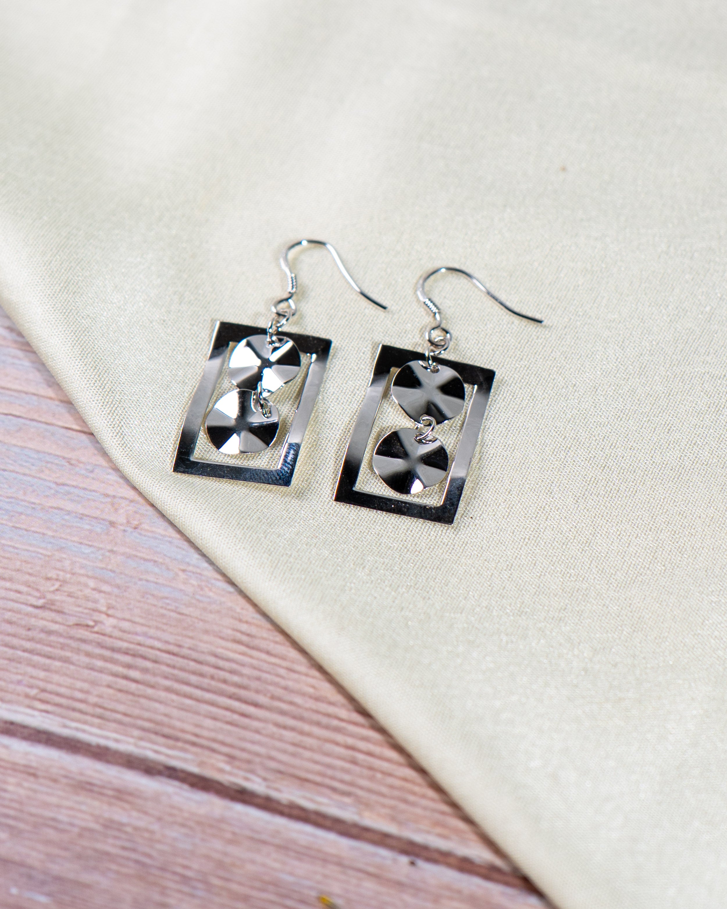 Elegant Geometric Rectangle Dangle Earrings with Black Faceted Crystals | Modern Minimalist Silver Drop Jewelry