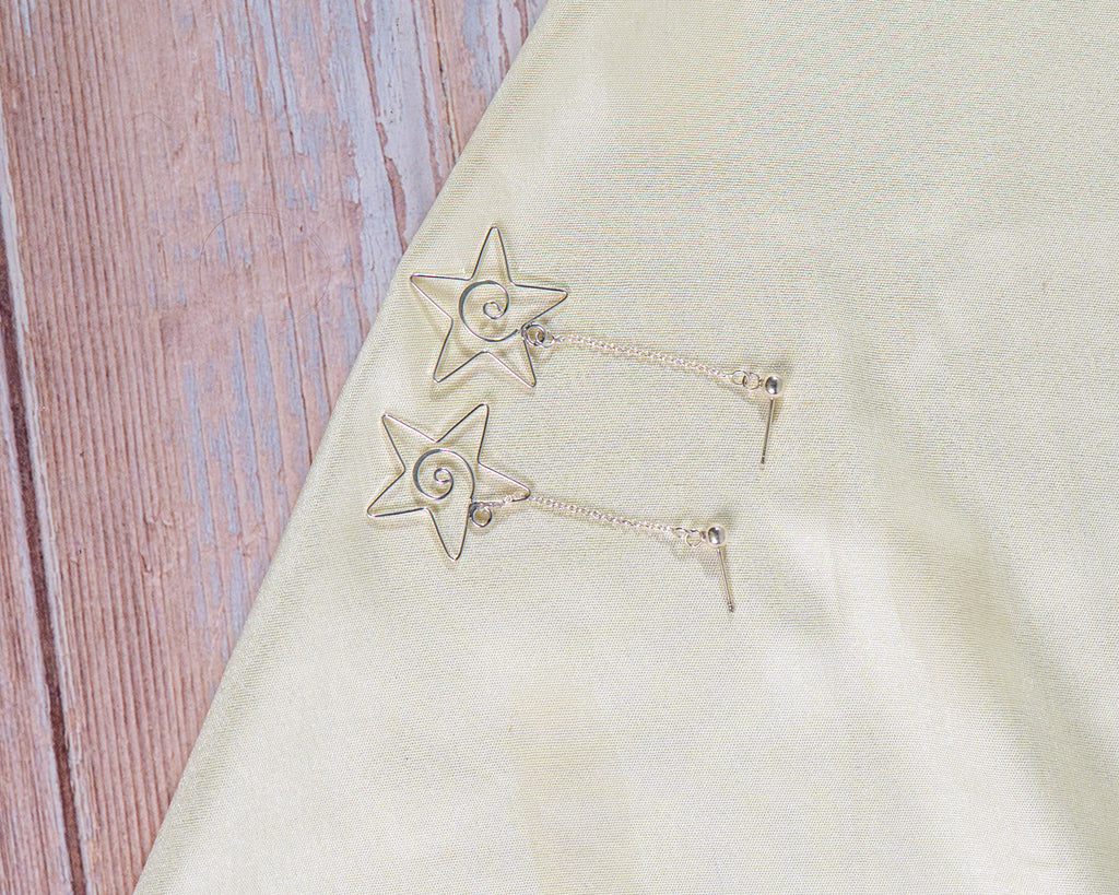 Sterling Silver Star Drop Earrings, Celestial Dangle, Handmade Swirl Detail Jewelry