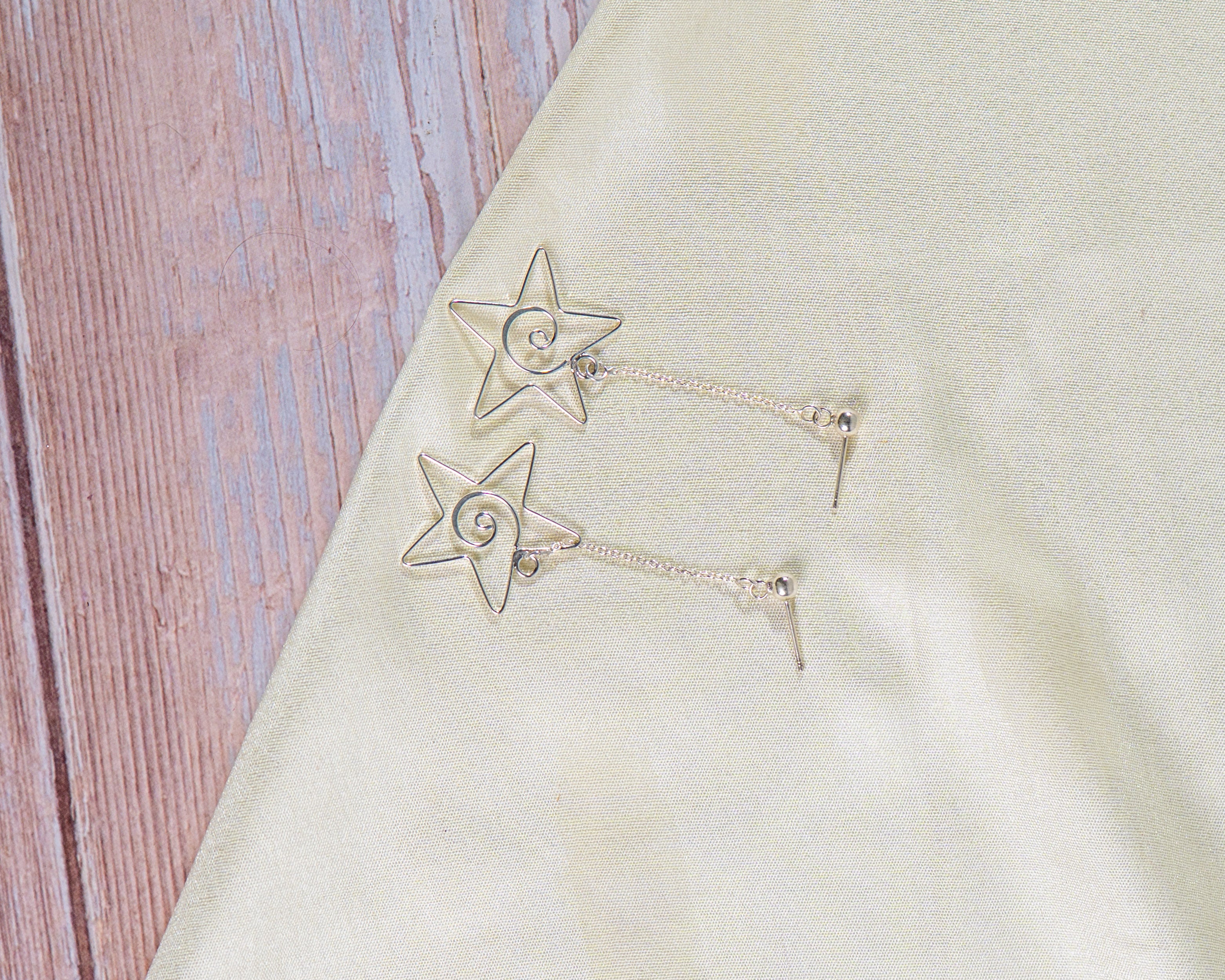 Sterling Silver Star Drop Earrings, Celestial Dangle, Handmade Swirl Detail Jewelry
