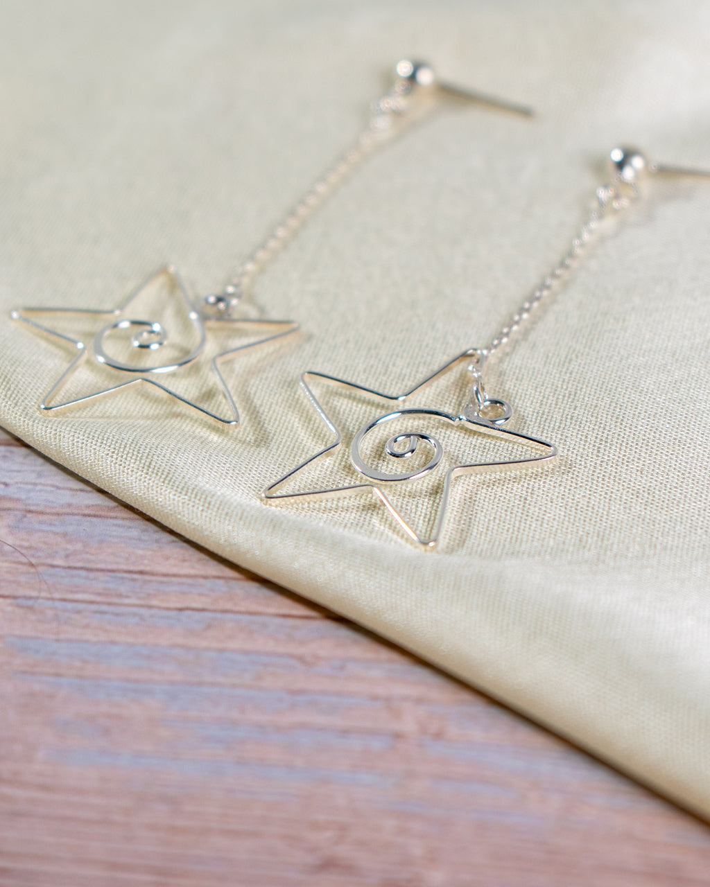 Sterling Silver Star Drop Earrings, Celestial Dangle, Handmade Swirl Detail Jewelry