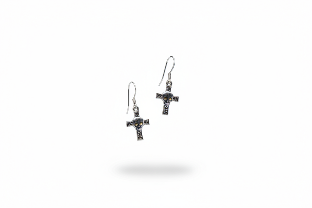 Skull Cross Dangle Earrings Sterling Silver Gothic Earrings – Alternative Jewelry Gift for Her – Lightweight Punk Drop Earrings
