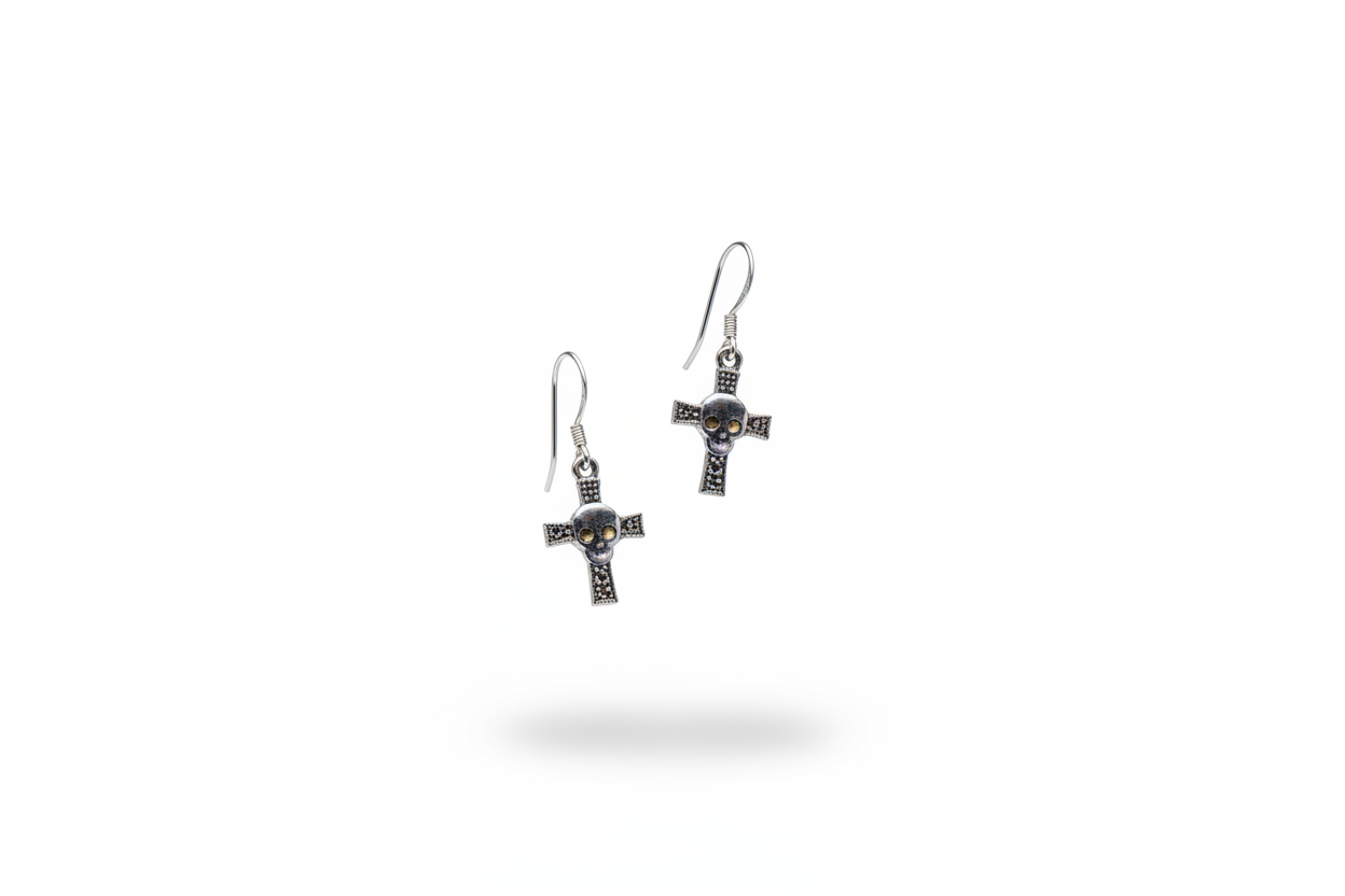 Skull Cross Dangle Earrings Sterling Silver Gothic Earrings – Alternative Jewelry Gift for Her – Lightweight Punk Drop Earrings