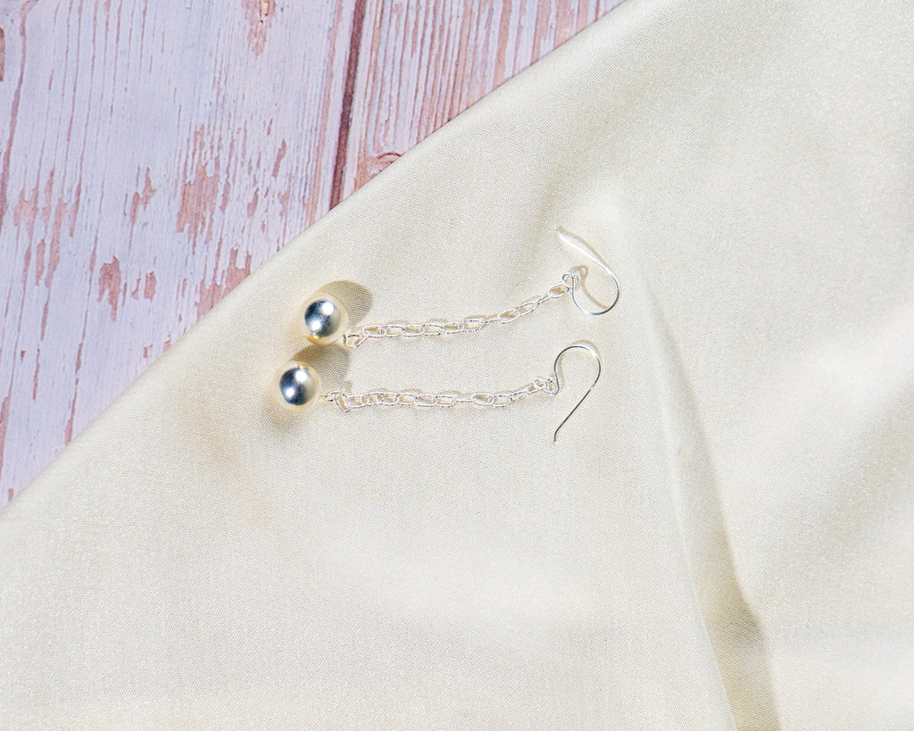 Handmade Sterling Silver Chain Drop Earrings: Minimalist Sphere Dangle Jewelry