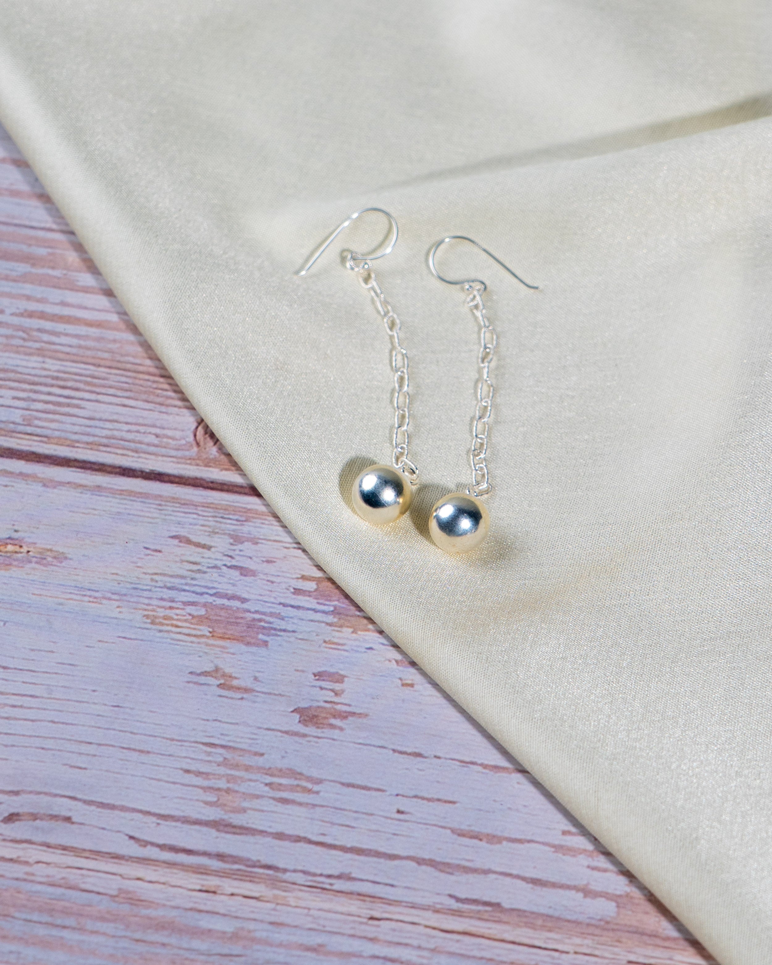 925 Sterling Silver Chain Drop Earrings: Minimalist Dainty Sphere Design, Polished High Shine