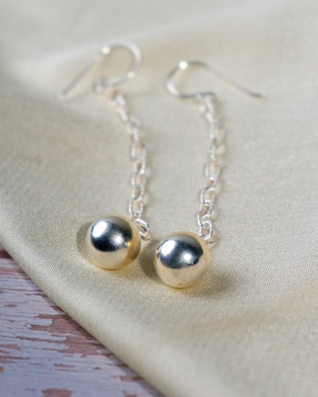 925 Sterling Silver Chain Drop Earrings: Minimalist Dainty Sphere Design, Polished High Shine