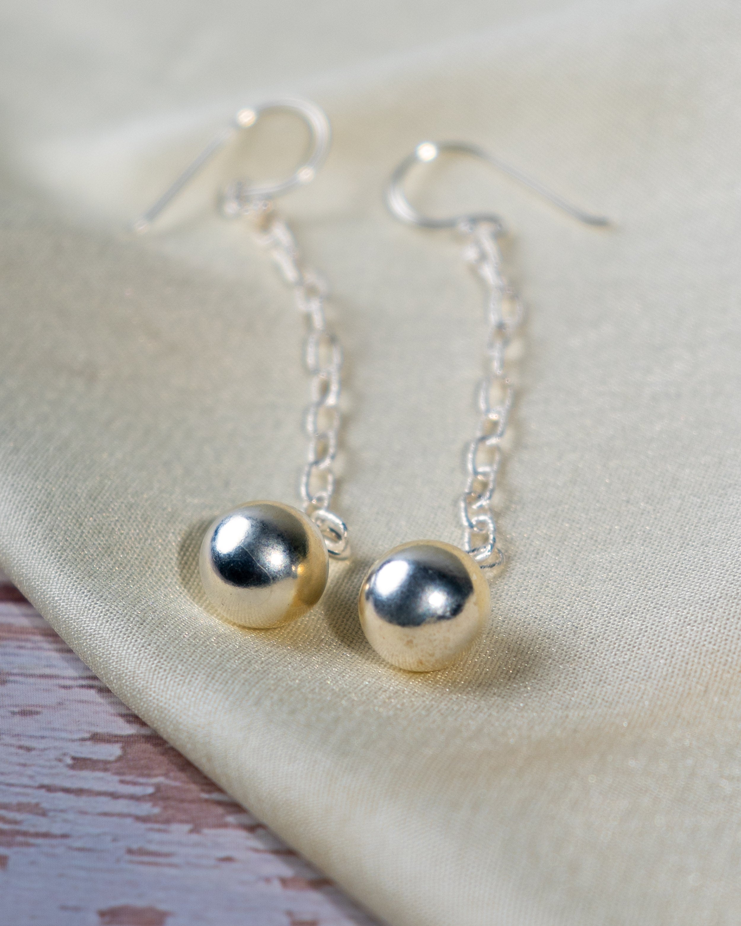 925 Sterling Silver Chain Drop Earrings: Minimalist Dainty Sphere Design, Polished High Shine