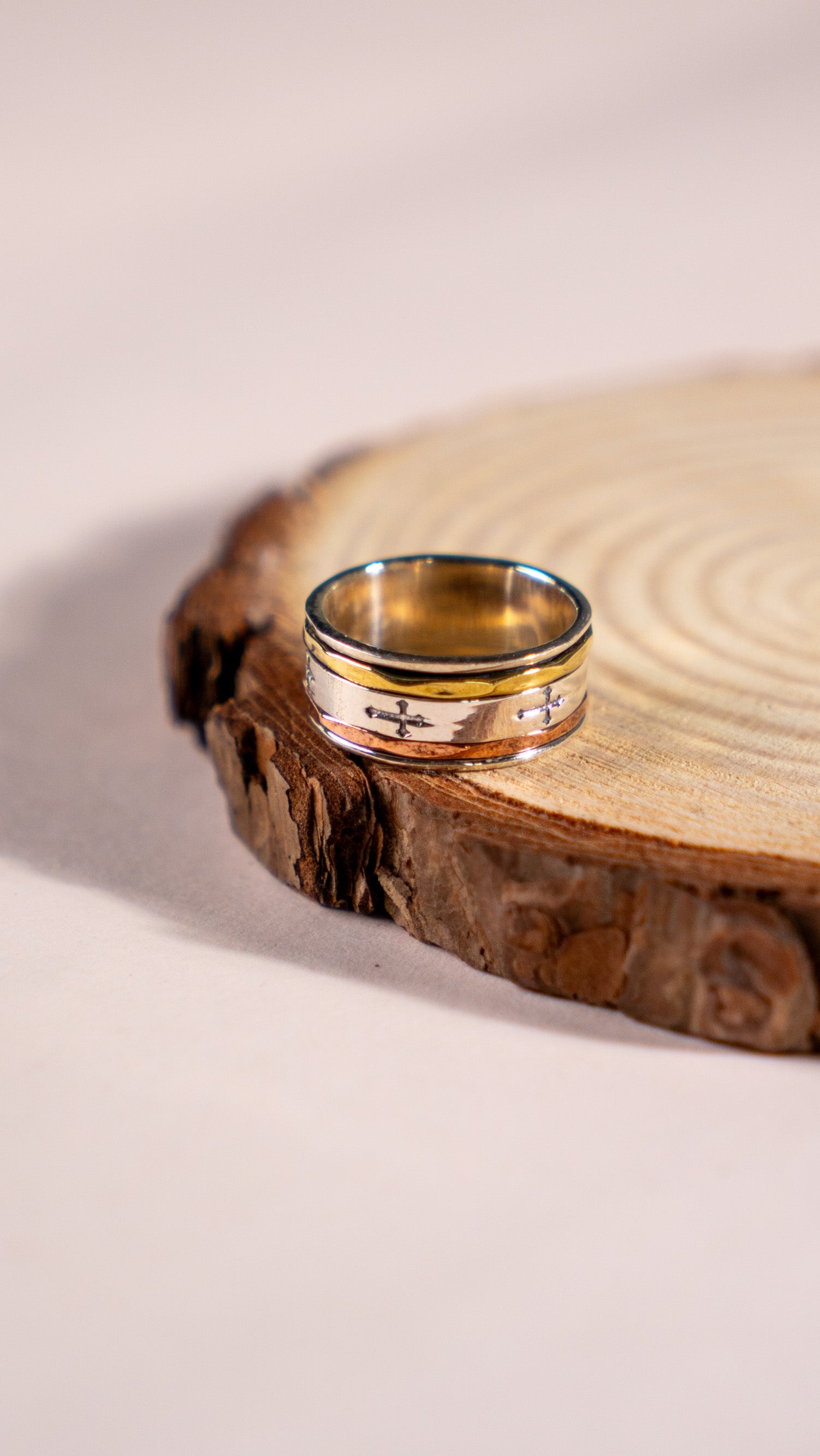 Sterling Silver Spinner Ring: Engraved Cross Band, Two-Tone Everyday Wear