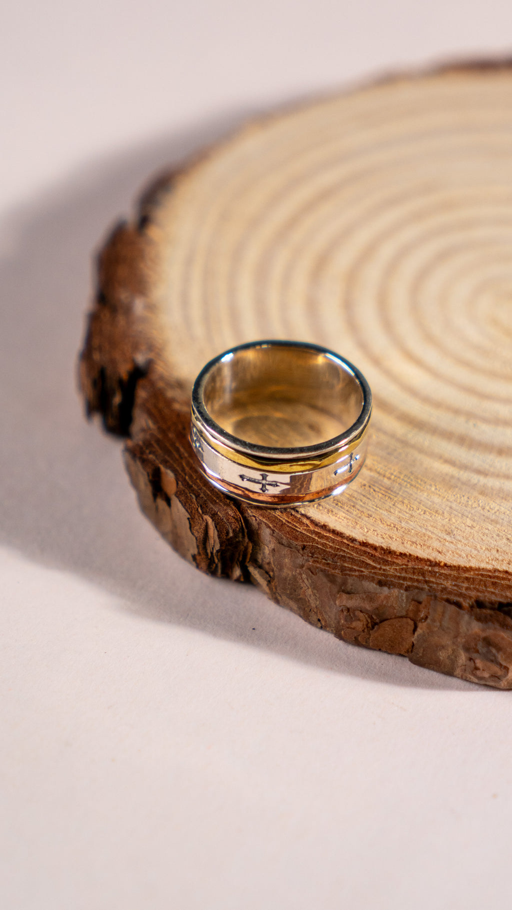 Sterling Silver Spinner Ring: Engraved Cross Band, Two-Tone Everyday Wear