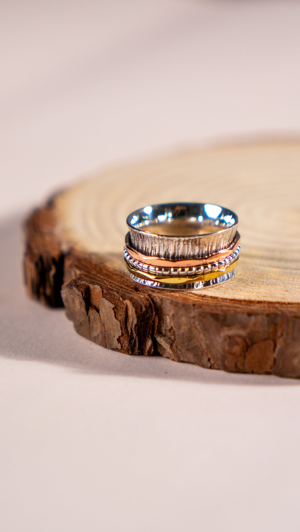 Sterling Silver Multi-Tone Spinner Ring – Textured Rotating Bands, Everyday Wear