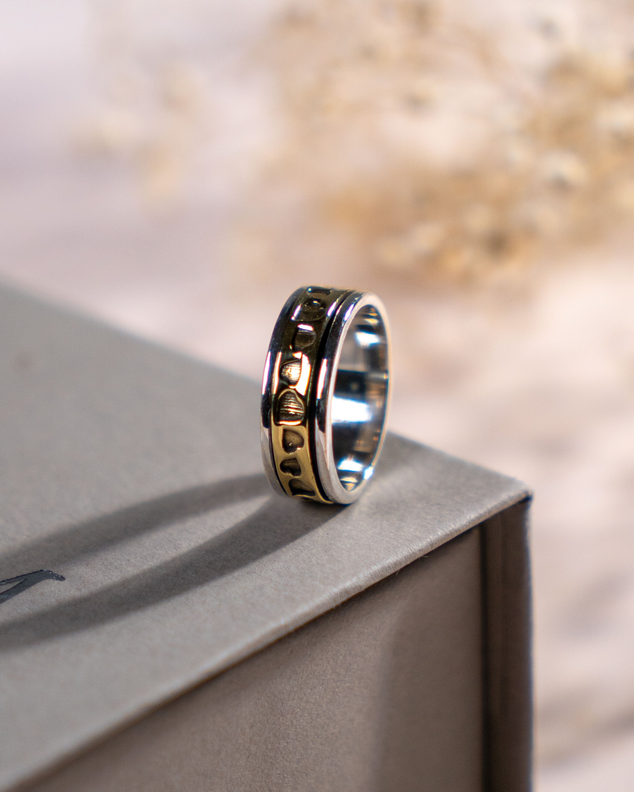 Sterling Silver Spinner Ring with Heart Pattern – Two-Tone Band, Everyday Wear