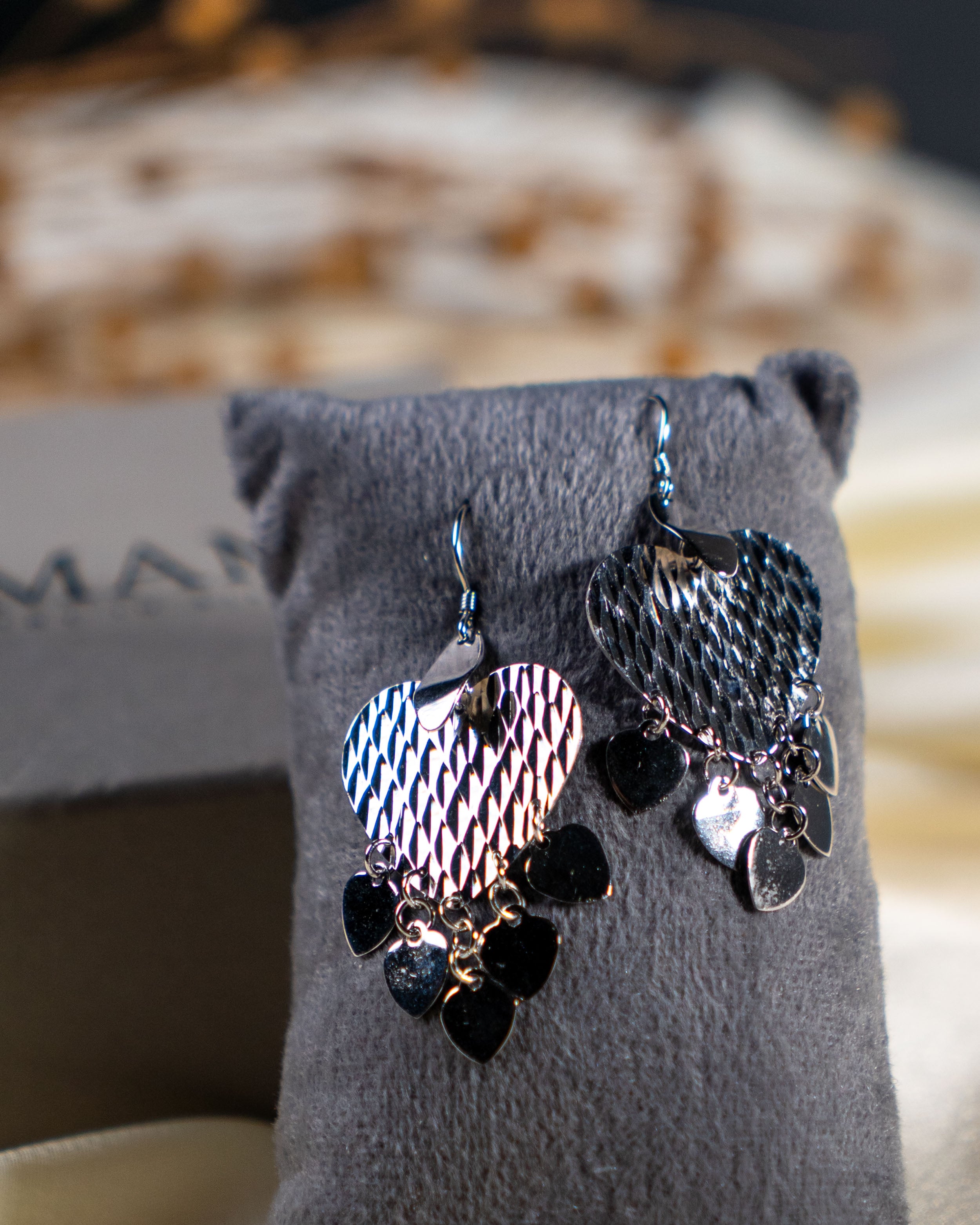 Textured Silver Heart Dangle Earrings: Mixed Metal Romantic Jewelry