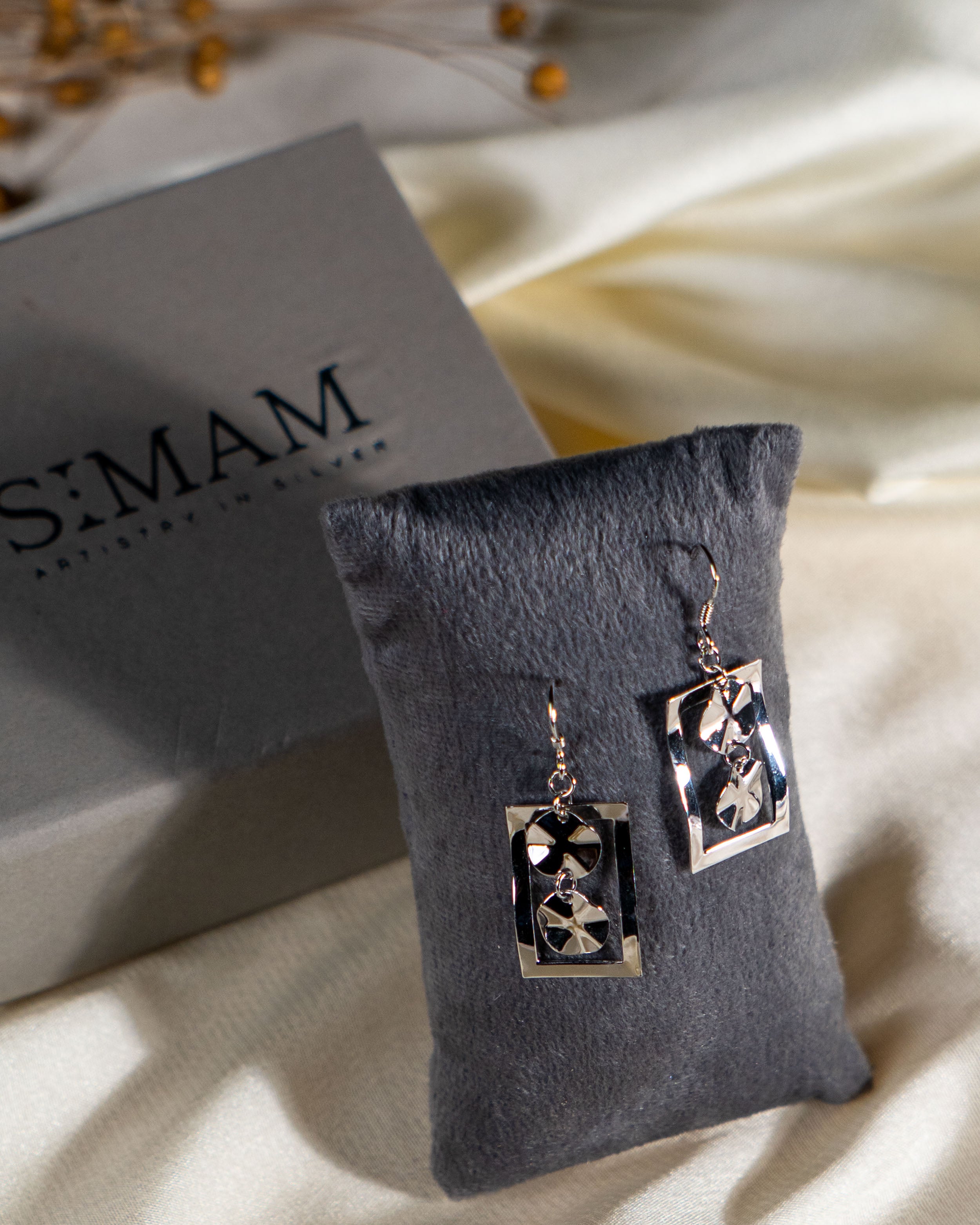 Elegant Geometric Rectangle Dangle Earrings with Black Faceted Crystals | Modern Minimalist Silver Drop Jewelry