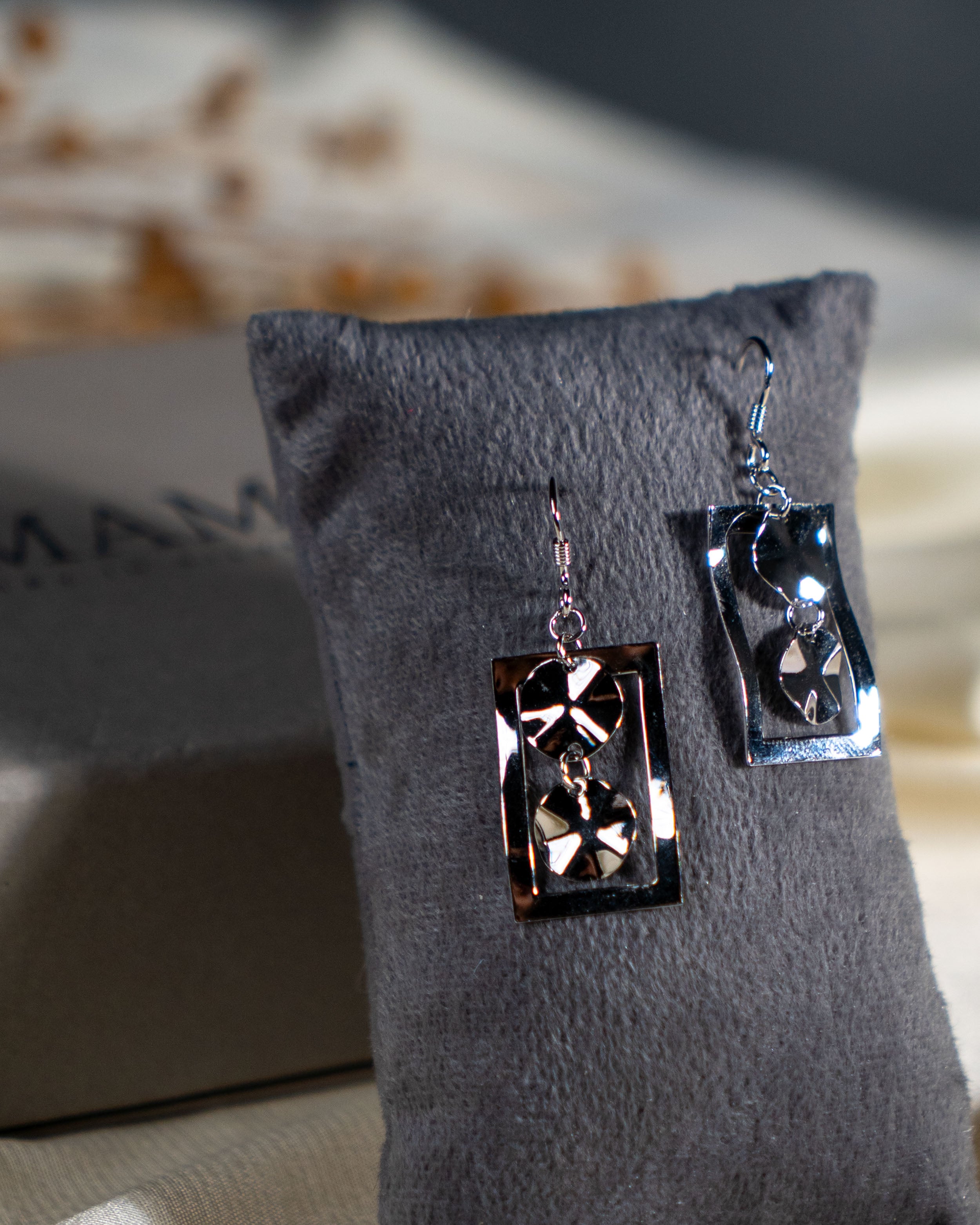 Elegant Geometric Rectangle Dangle Earrings with Black Faceted Crystals | Modern Minimalist Silver Drop Jewelry