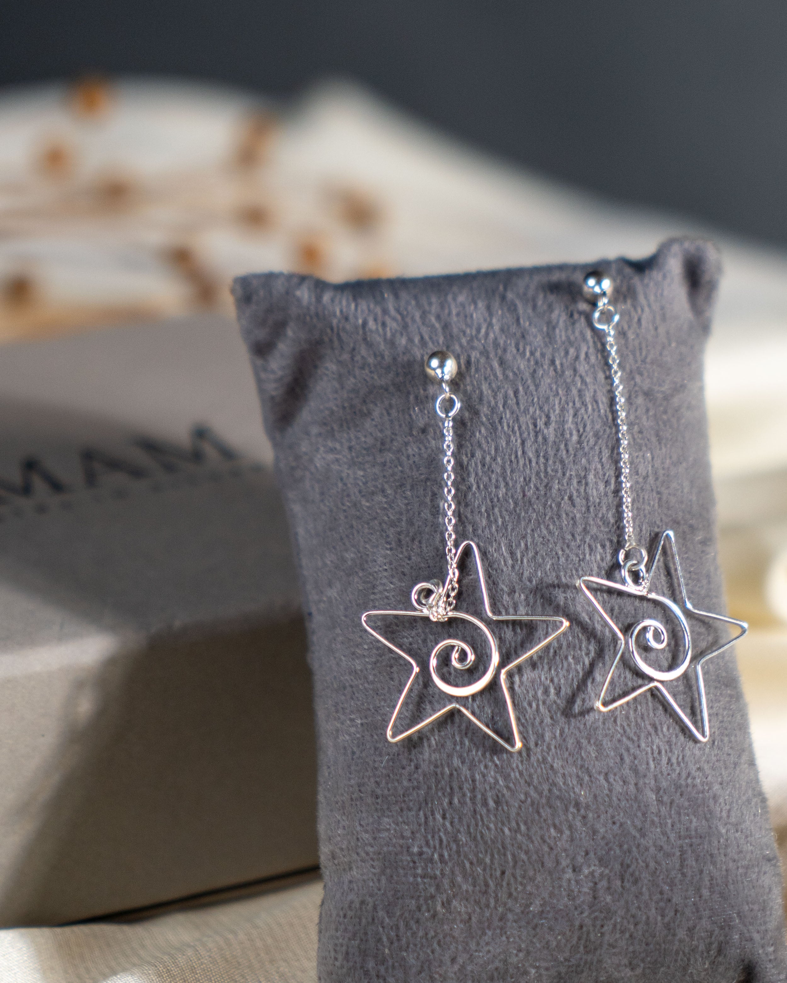 Sterling Silver Star Drop Earrings, Celestial Dangle, Handmade Swirl Detail Jewelry