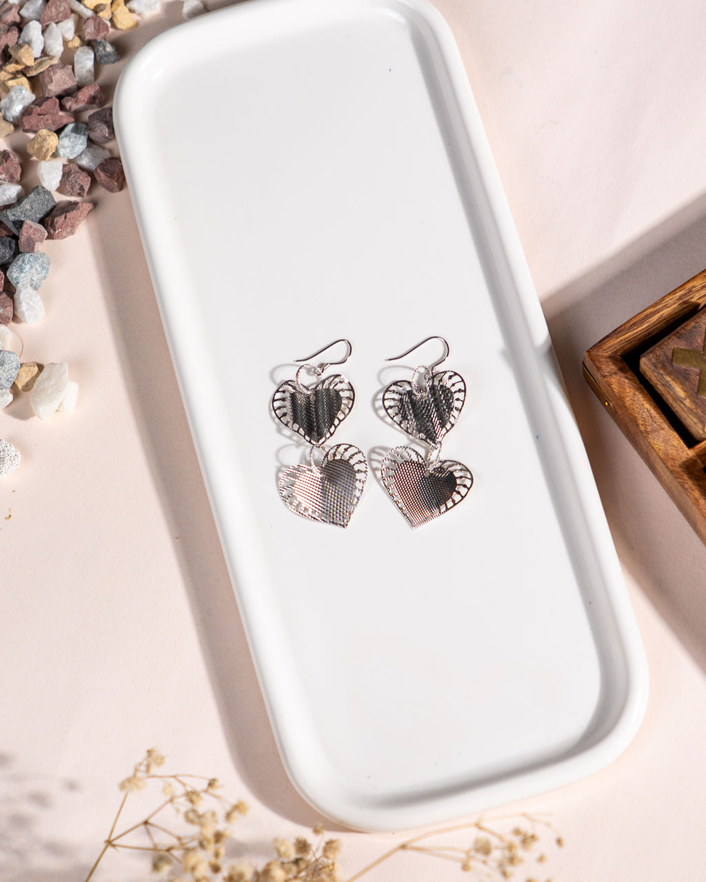 Handmade Double Heart Sterling Silver Dangle Earrings, Romantic Textured Love Jewelry