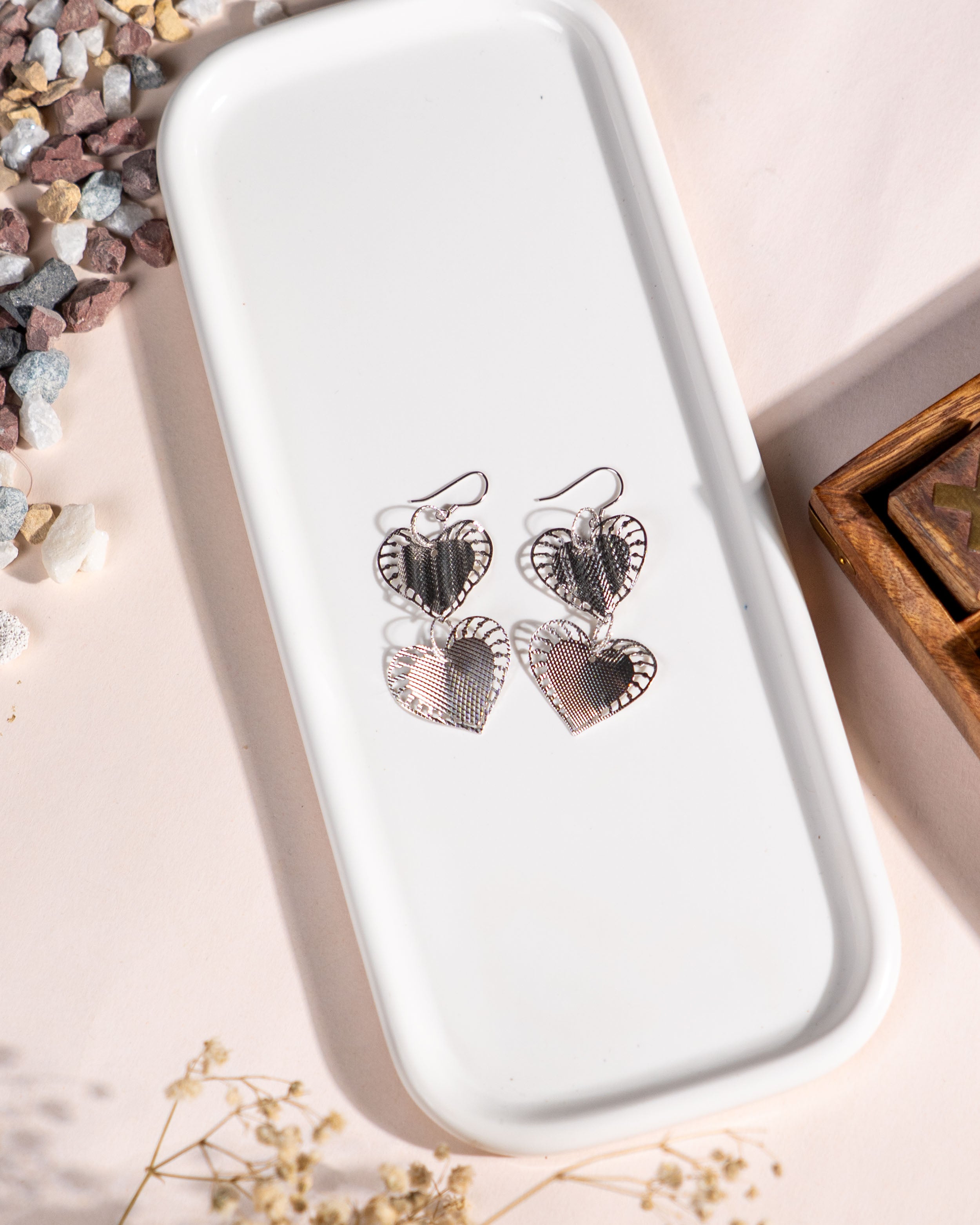 Handmade Double Heart Sterling Silver Dangle Earrings, Romantic Textured Love Jewelry
