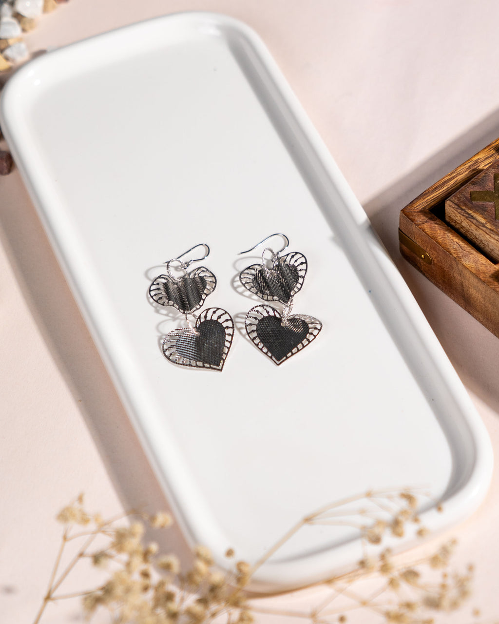 Handmade Double Heart Sterling Silver Dangle Earrings, Romantic Textured Love Jewelry