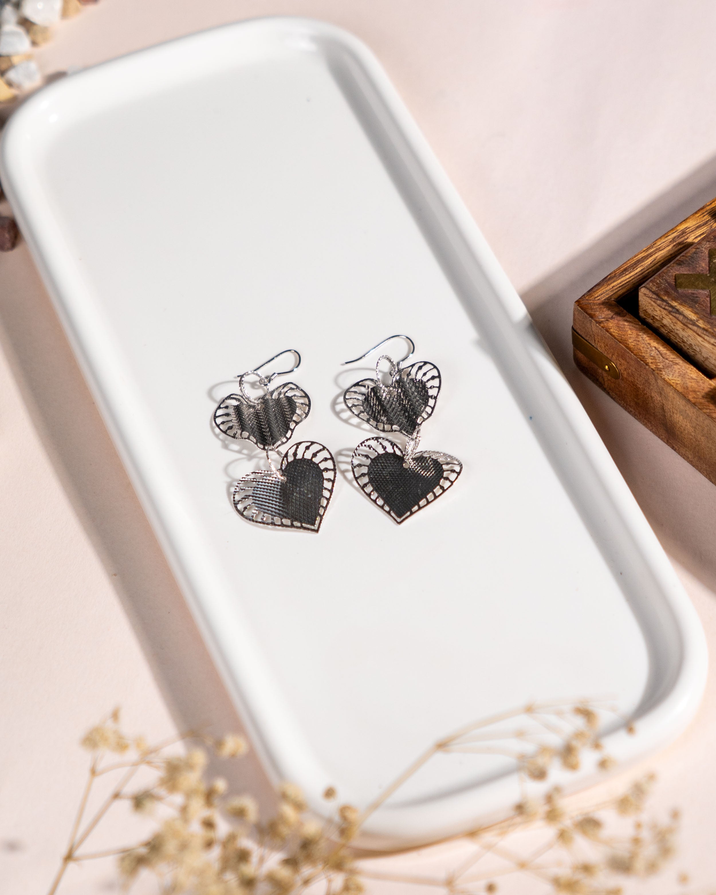 Handmade Double Heart Sterling Silver Dangle Earrings, Romantic Textured Love Jewelry
