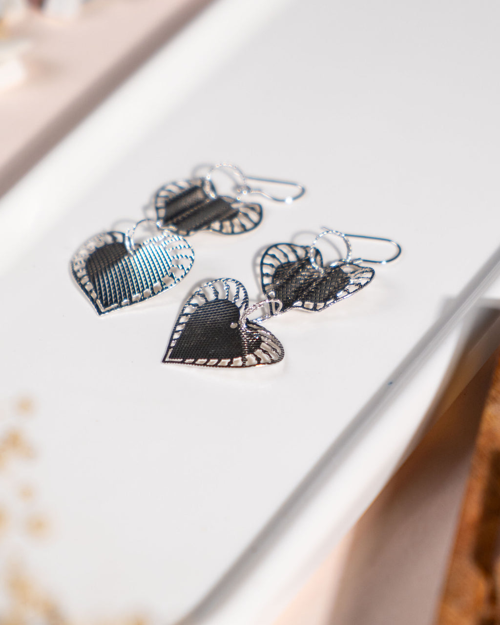 Silver Heart Dangle Earrings: Lightweight Double Drop Statement Jewelry