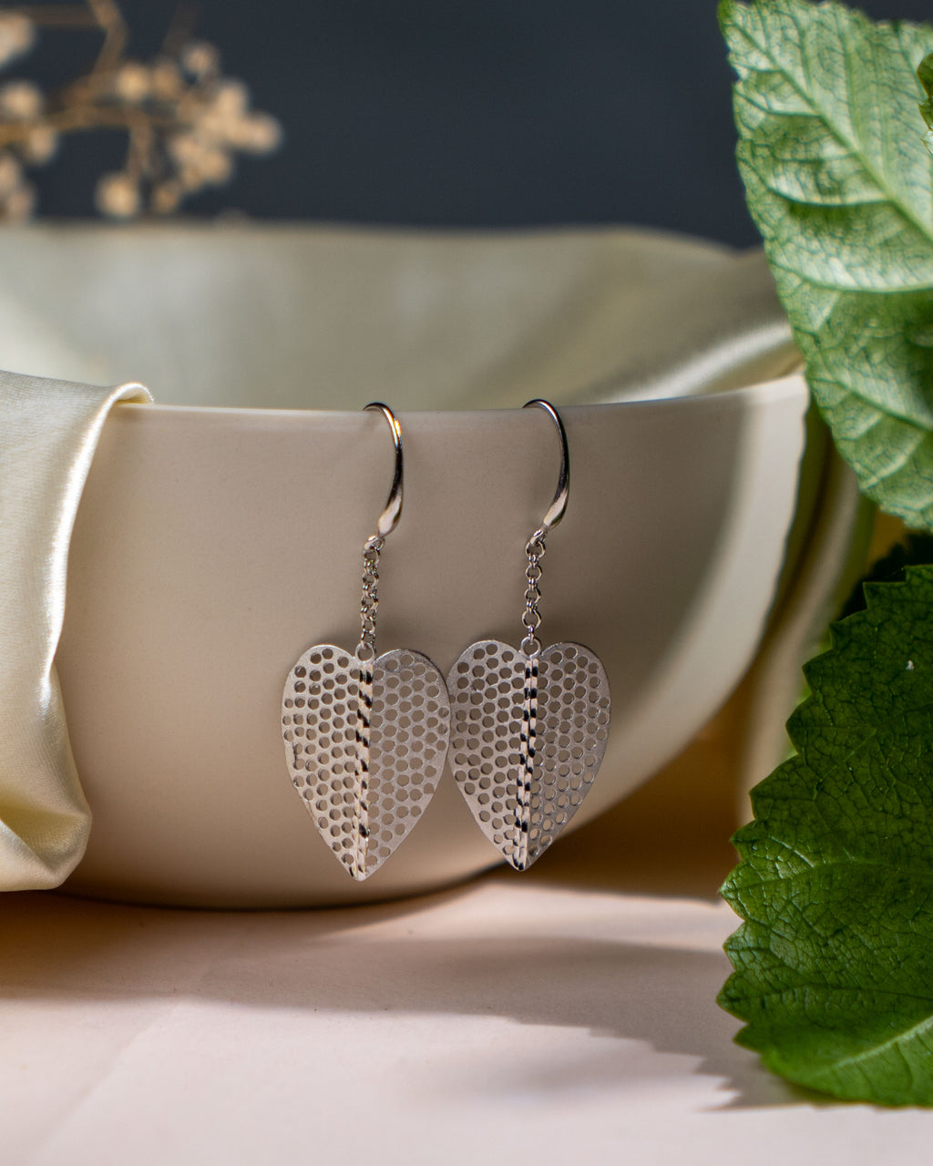 Sterling Silver Leaf Dangle Earrings | Textured Heart Leaf Drops | Minimalist Boho Jewelry for Women