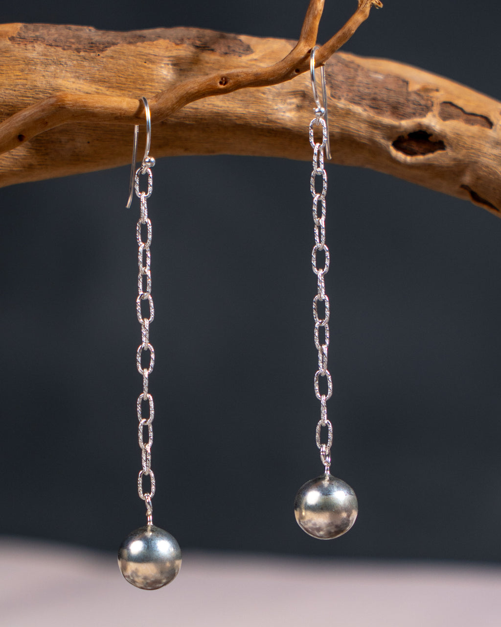 Handmade Sterling Silver Chain Drop Earrings: Minimalist Sphere Dangle Jewelry