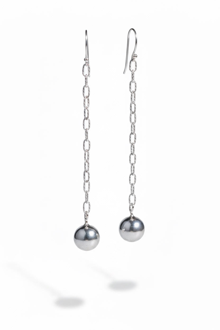 925 Sterling Silver Chain Drop Earrings: Minimalist Dainty Sphere Design, Polished High Shine