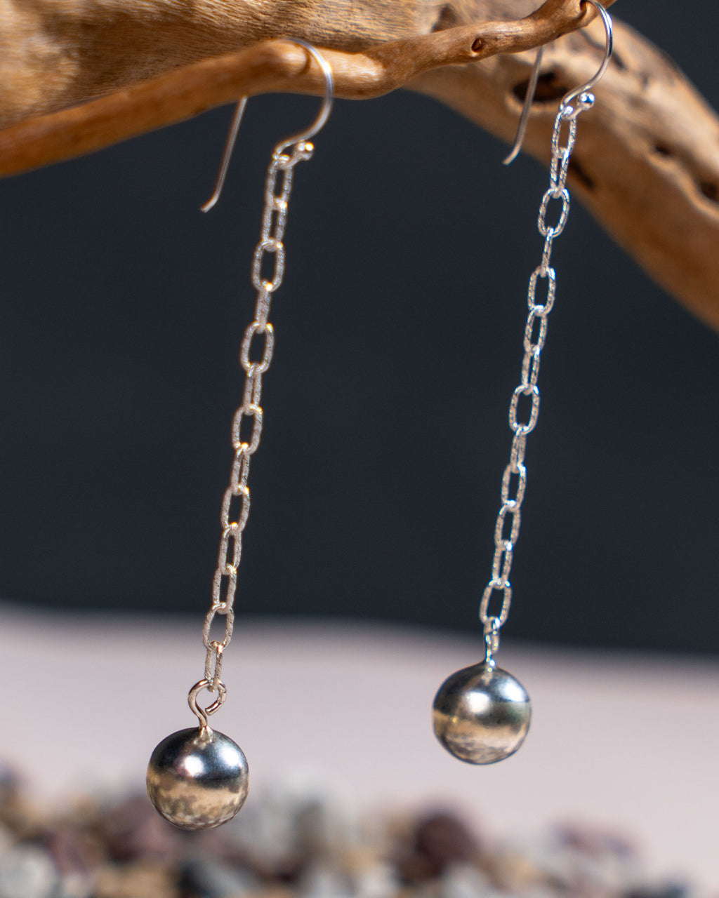 925 Sterling Silver Chain Drop Earrings: Minimalist Dainty Sphere Design, Polished High Shine