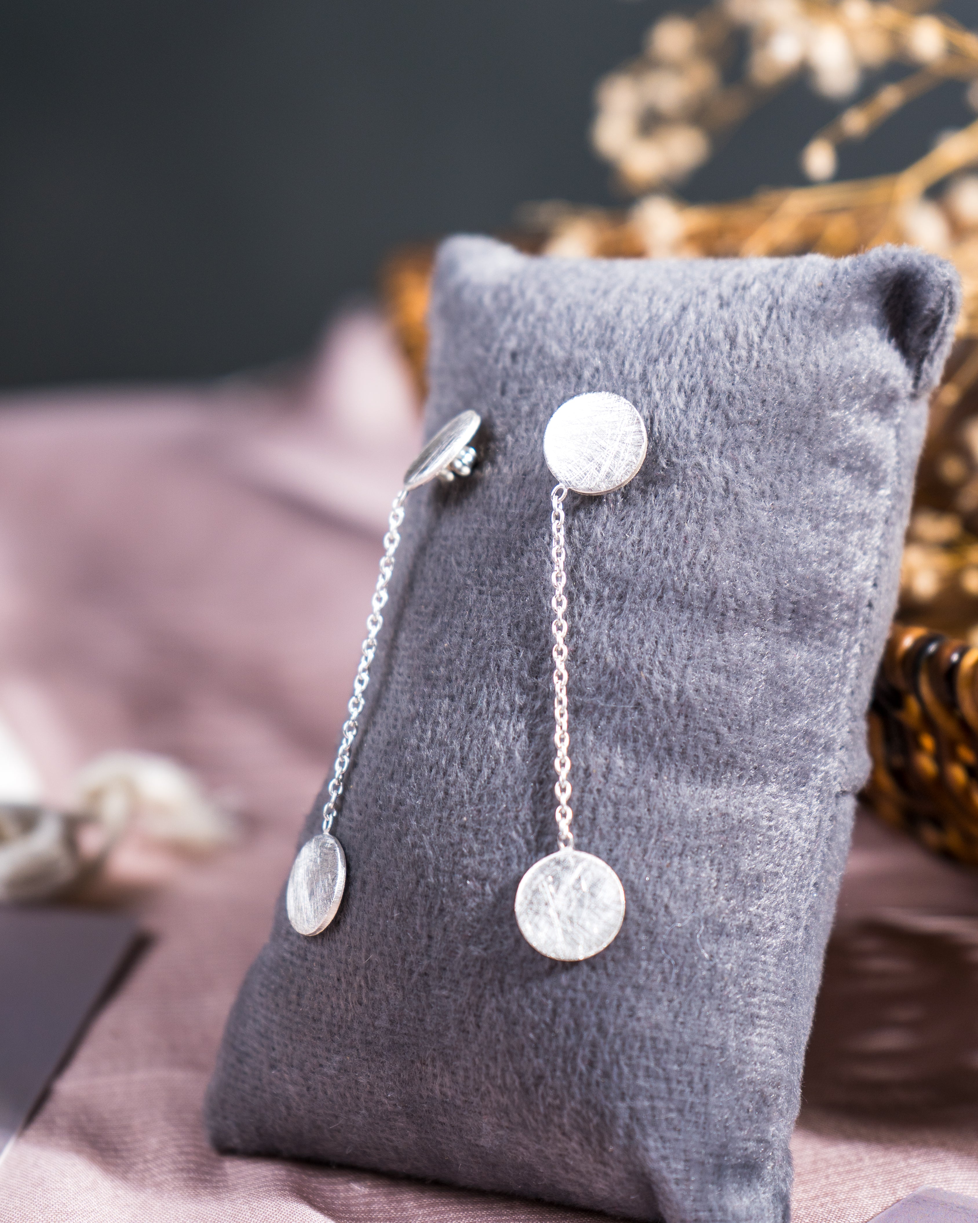 Minimalist Sterling Silver Drop Earrings: Handmade Disc Chain Jewelry