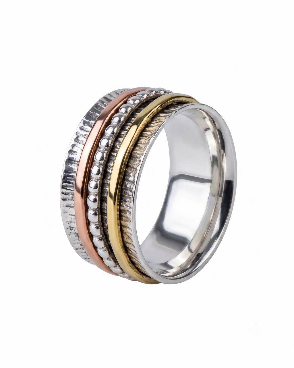 Sterling Silver Multi-Tone Spinner Ring – Textured Rotating Bands, Everyday Wear
