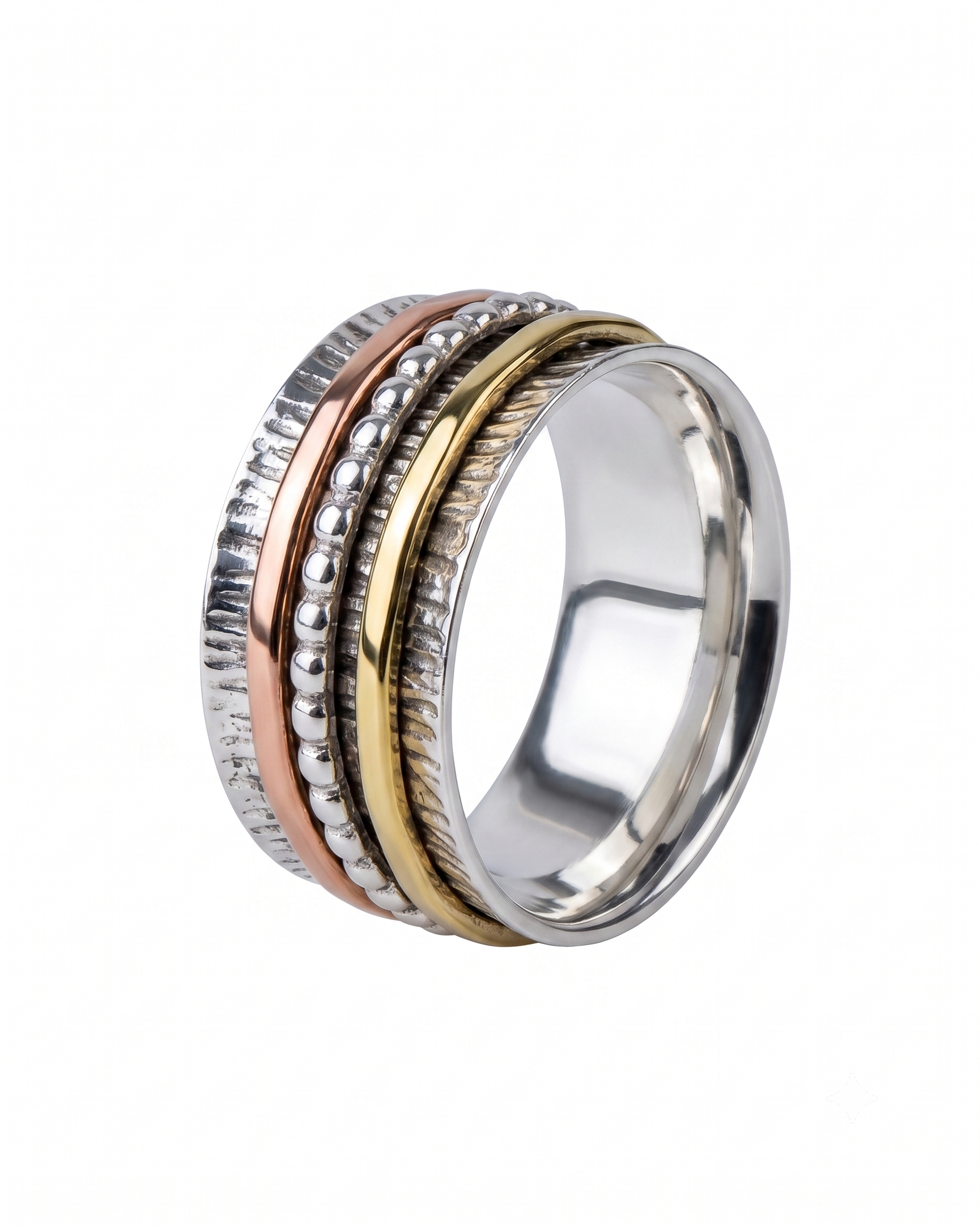 Sterling Silver Multi-Tone Spinner Ring – Textured Rotating Bands, Everyday Wear