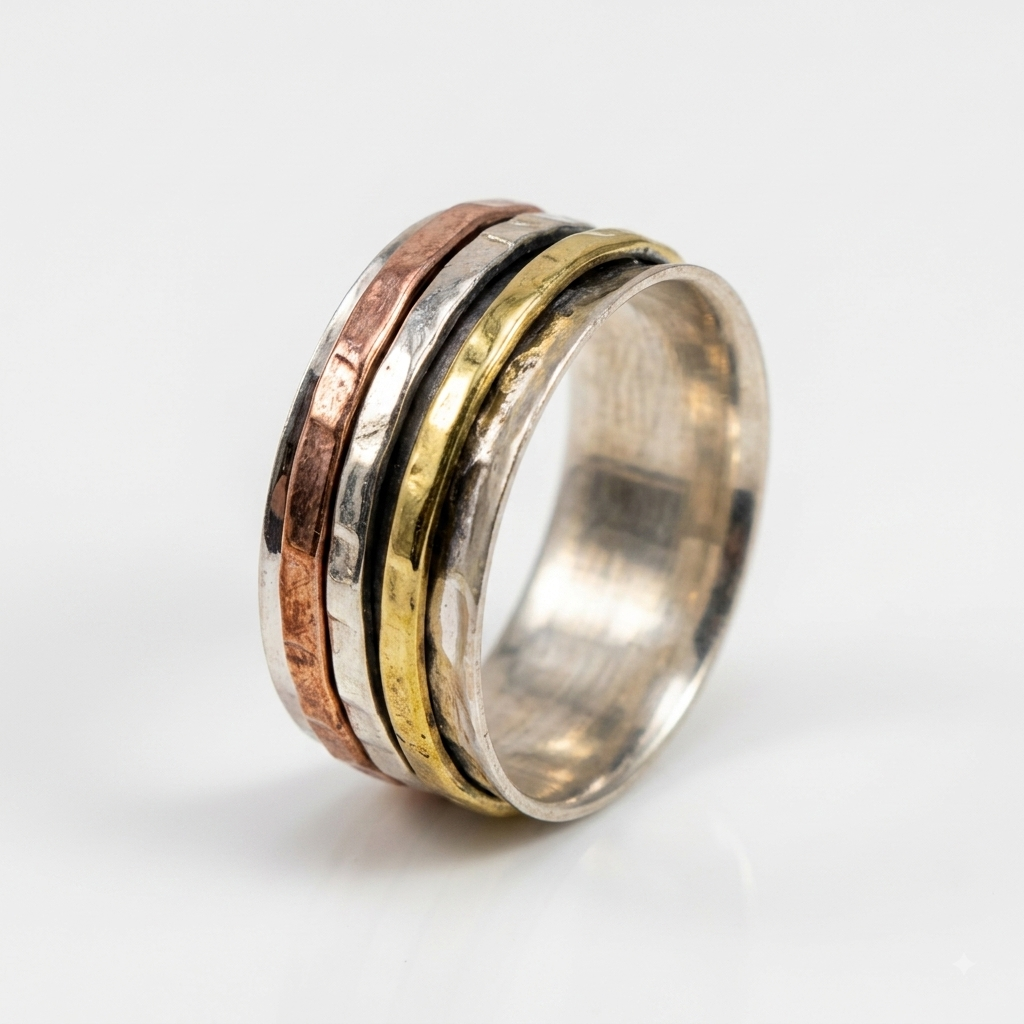 Handmade Sterling Silver Spinner Ring, Copper Brass Meditation Ring, Fidget Jewelry