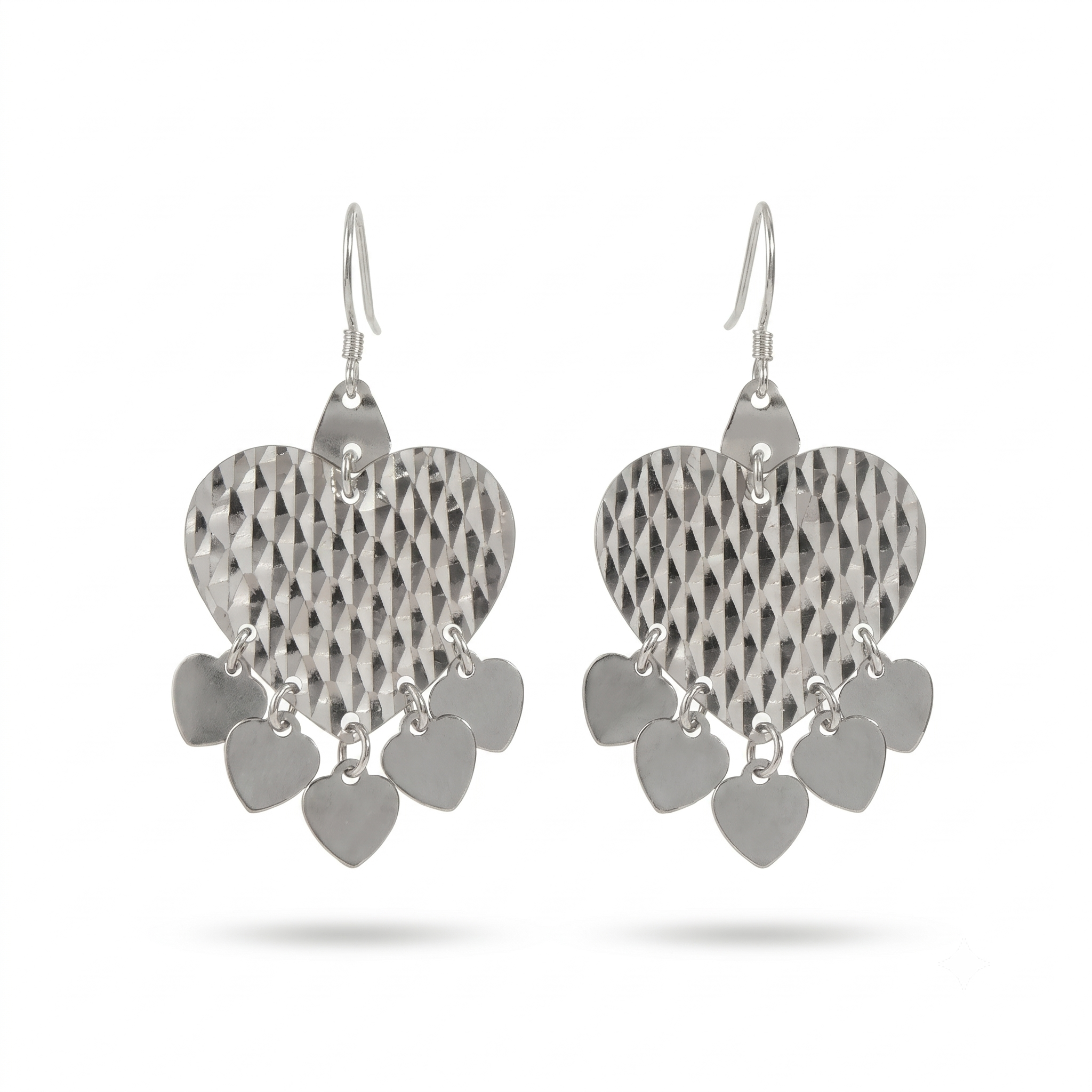 Textured Sterling Silver Heart Dangle Earrings – Layered Charm Statement Jewelry