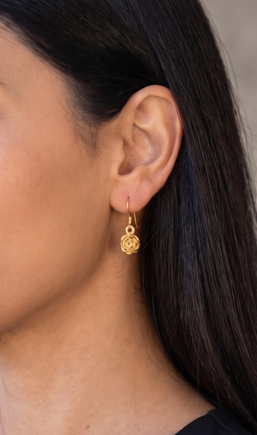 Sterling Silver 14K Gold Plated Dangle Earrings, Floral Rose Jewelry, Minimalist Design