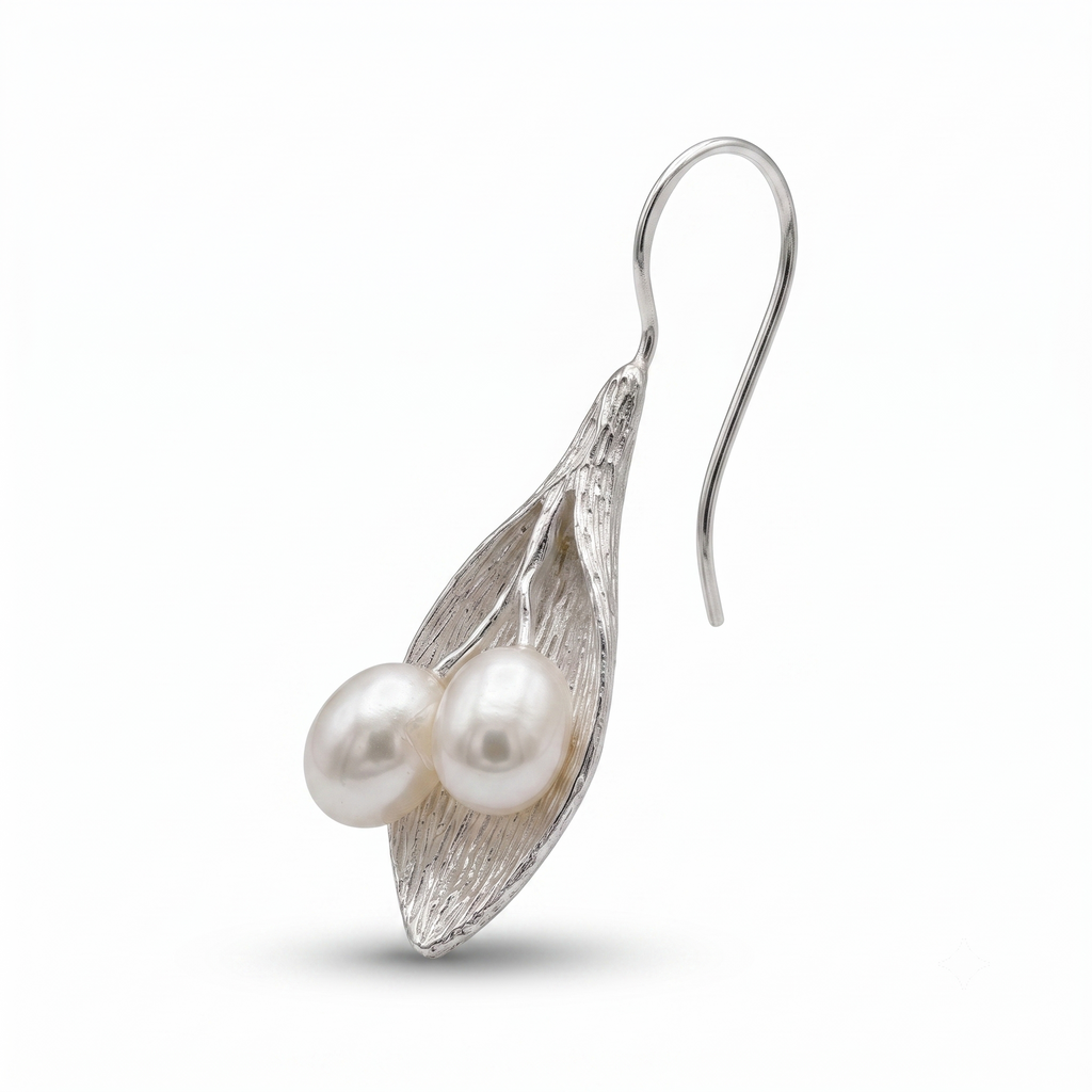 Sterling Silver Leaf Pearl Dangle Earrings