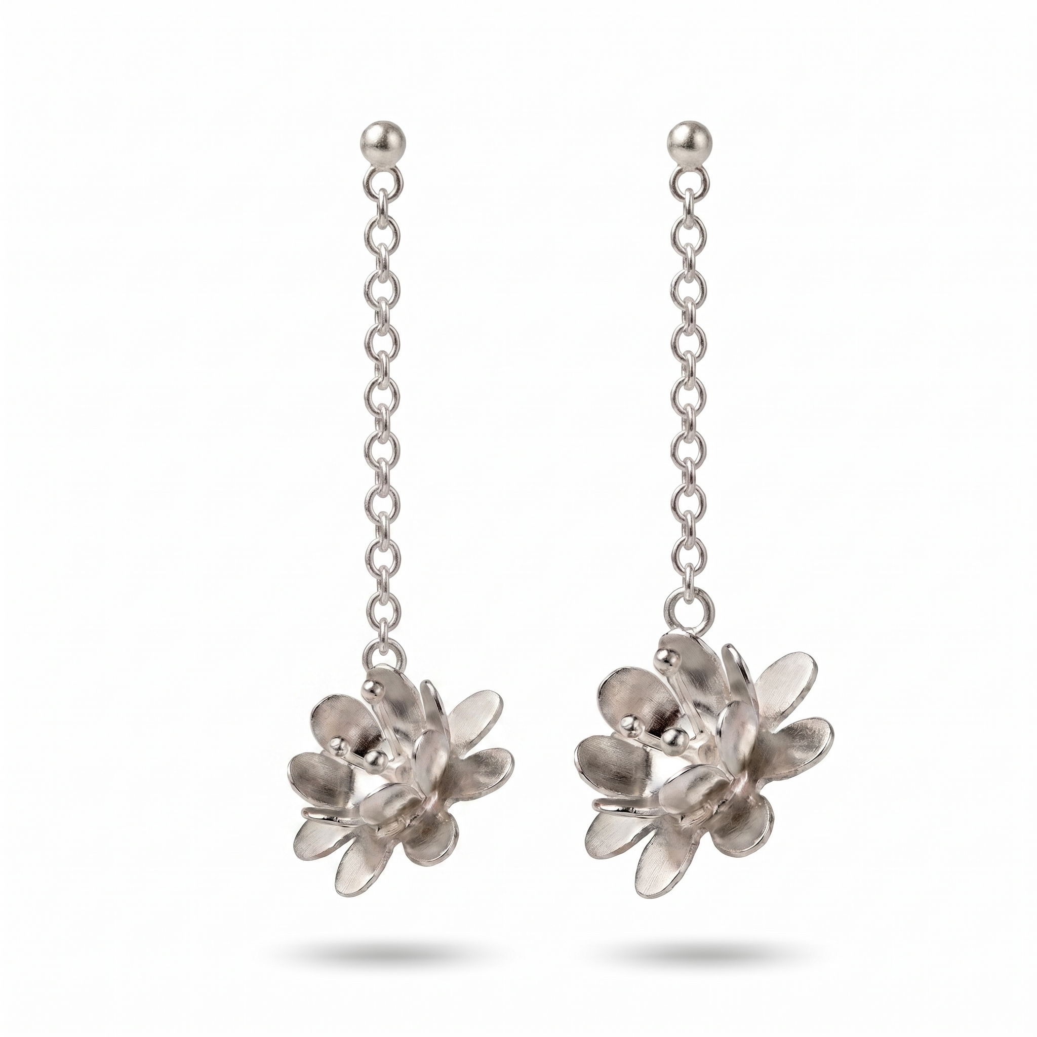 Sterling Silver Flower Drop Earrings: Dainty Floral Chain, Polished High Shine
