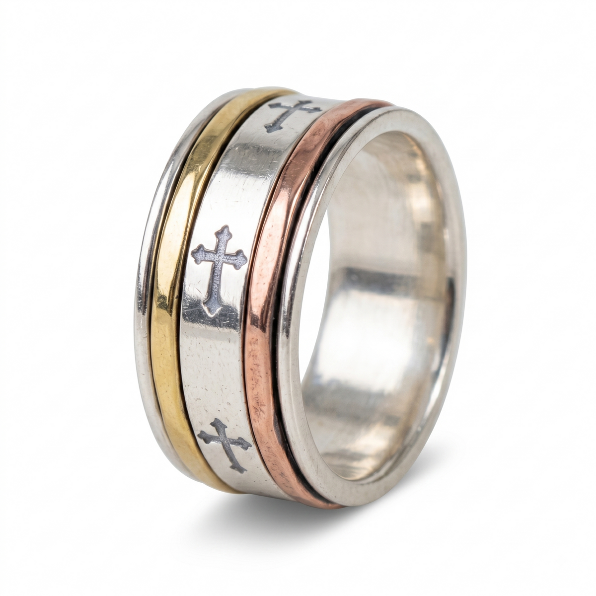Sterling Silver Spinner Ring: Engraved Cross Band, Two-Tone Everyday Wear