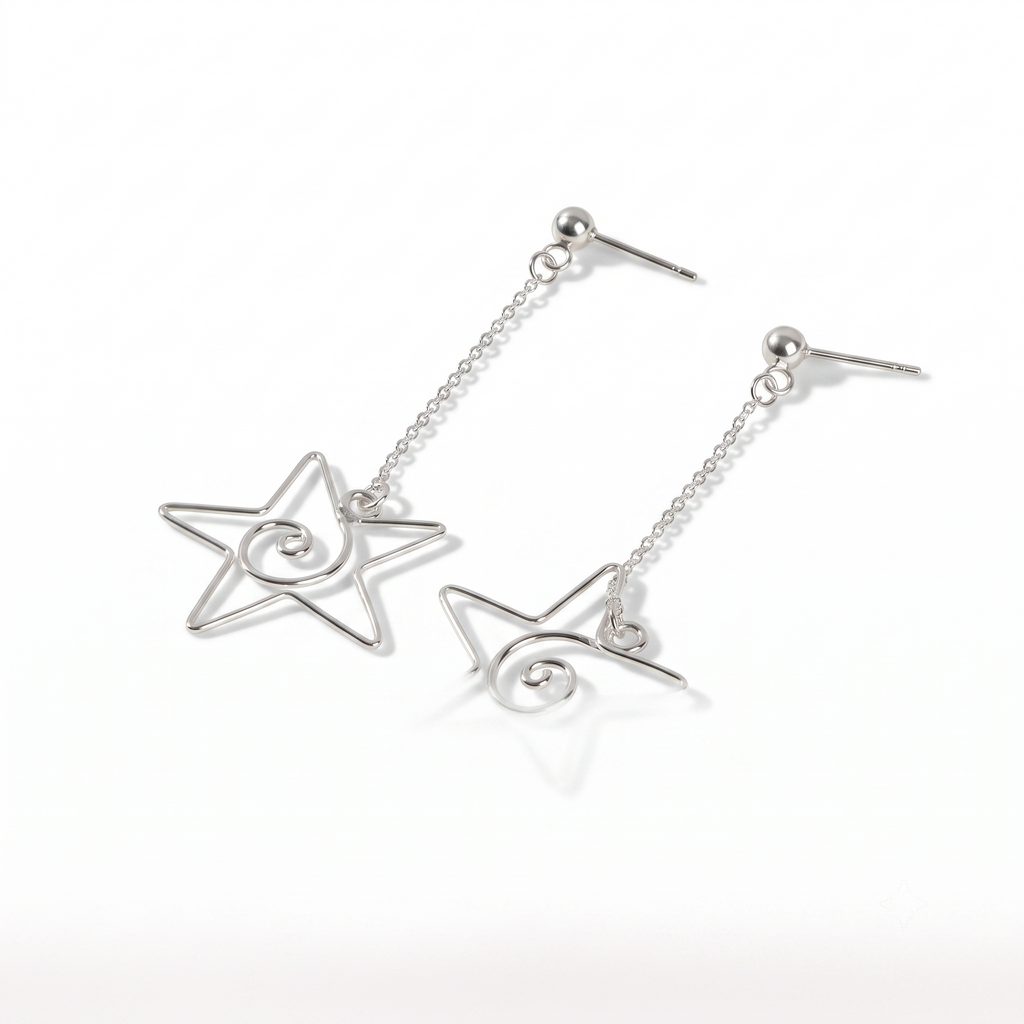 Sterling Silver Star Drop Earrings, Celestial Dangle, Handmade Swirl Detail Jewelry