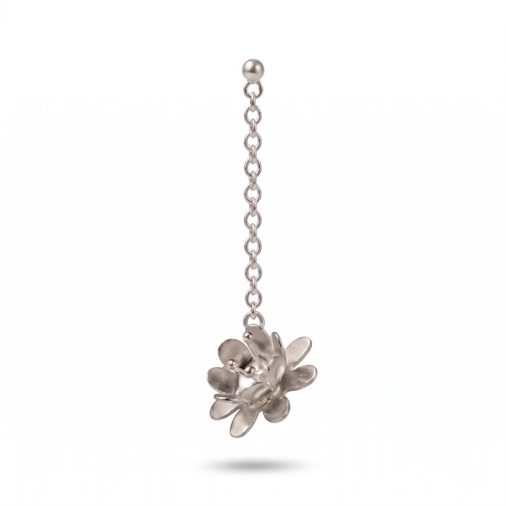 Sterling Silver Flower Drop Earrings: Dainty Floral Chain, Polished High Shine