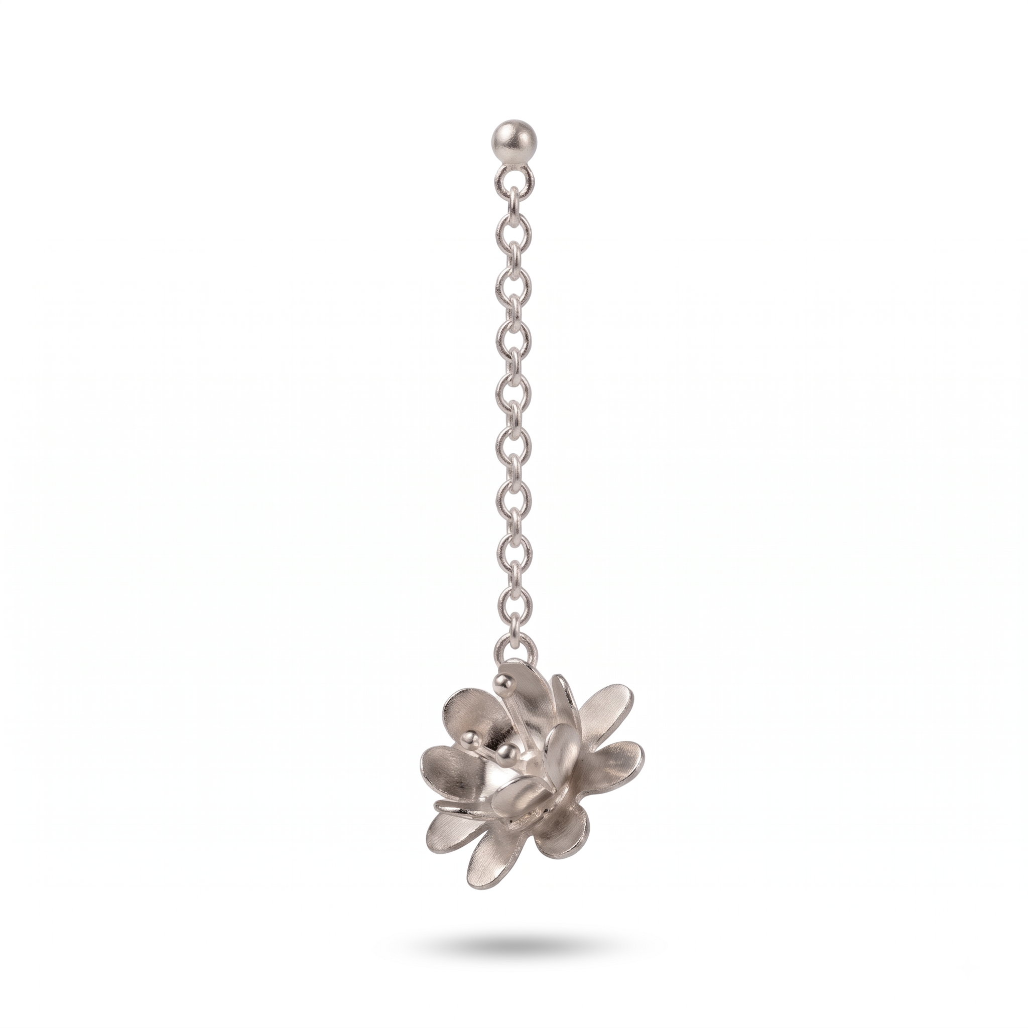 Sterling Silver Flower Drop Earrings: Dainty Floral Chain, Polished High Shine