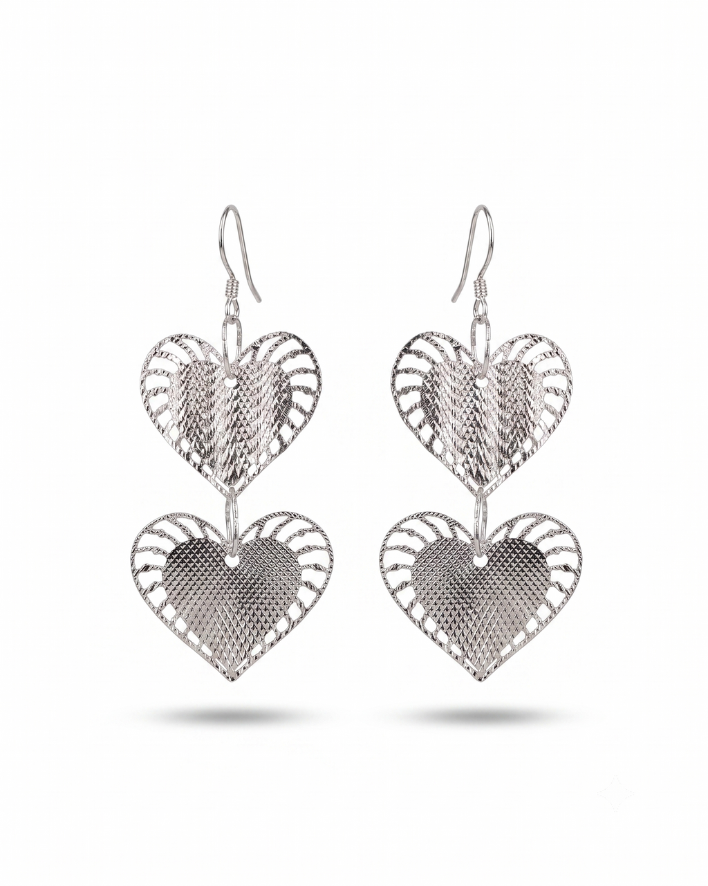 Silver Heart Dangle Earrings: Lightweight Double Drop Statement Jewelry