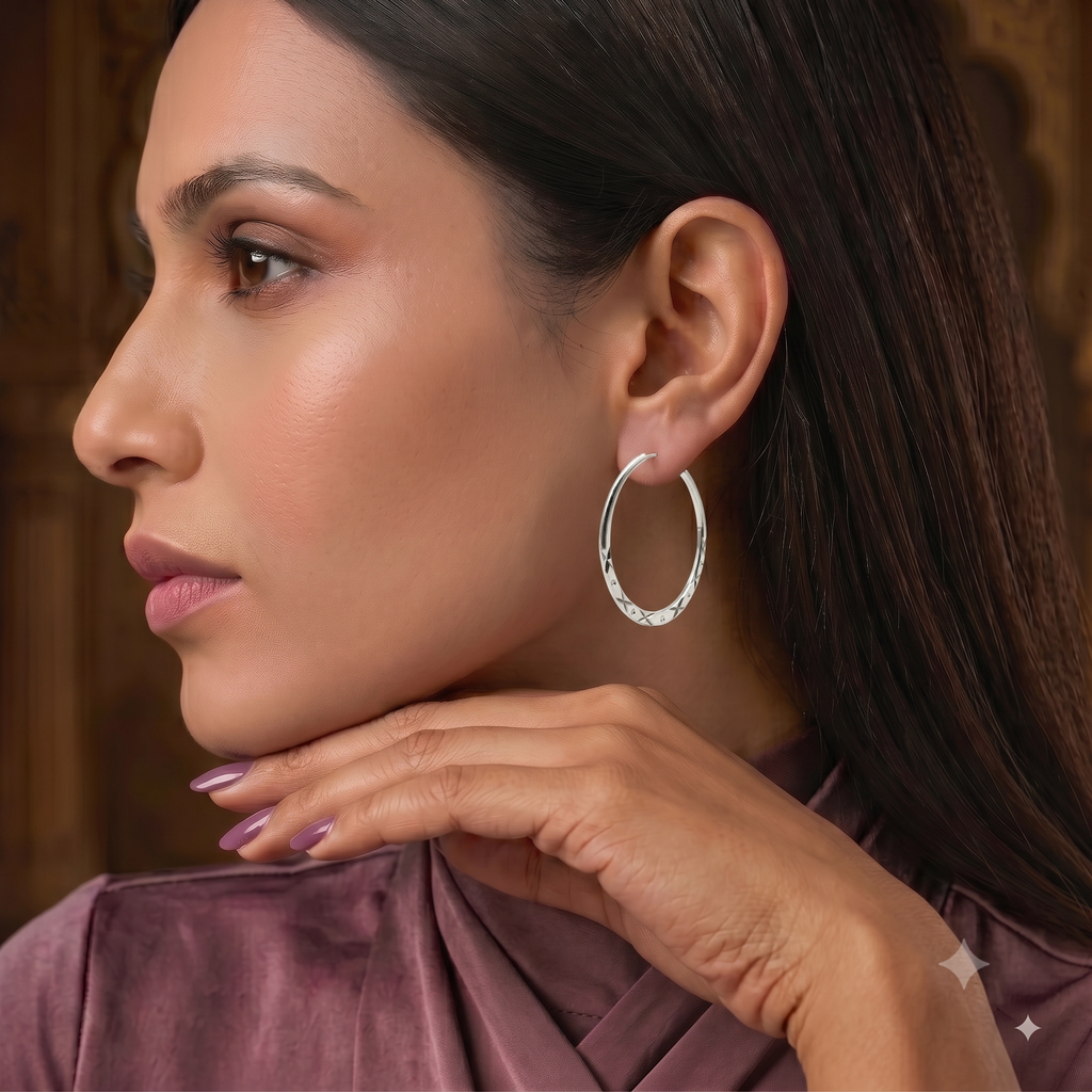 925 Sterling Silver Diamond Cut Hoop Earrings, Geometric Engraved Statement Jewelry