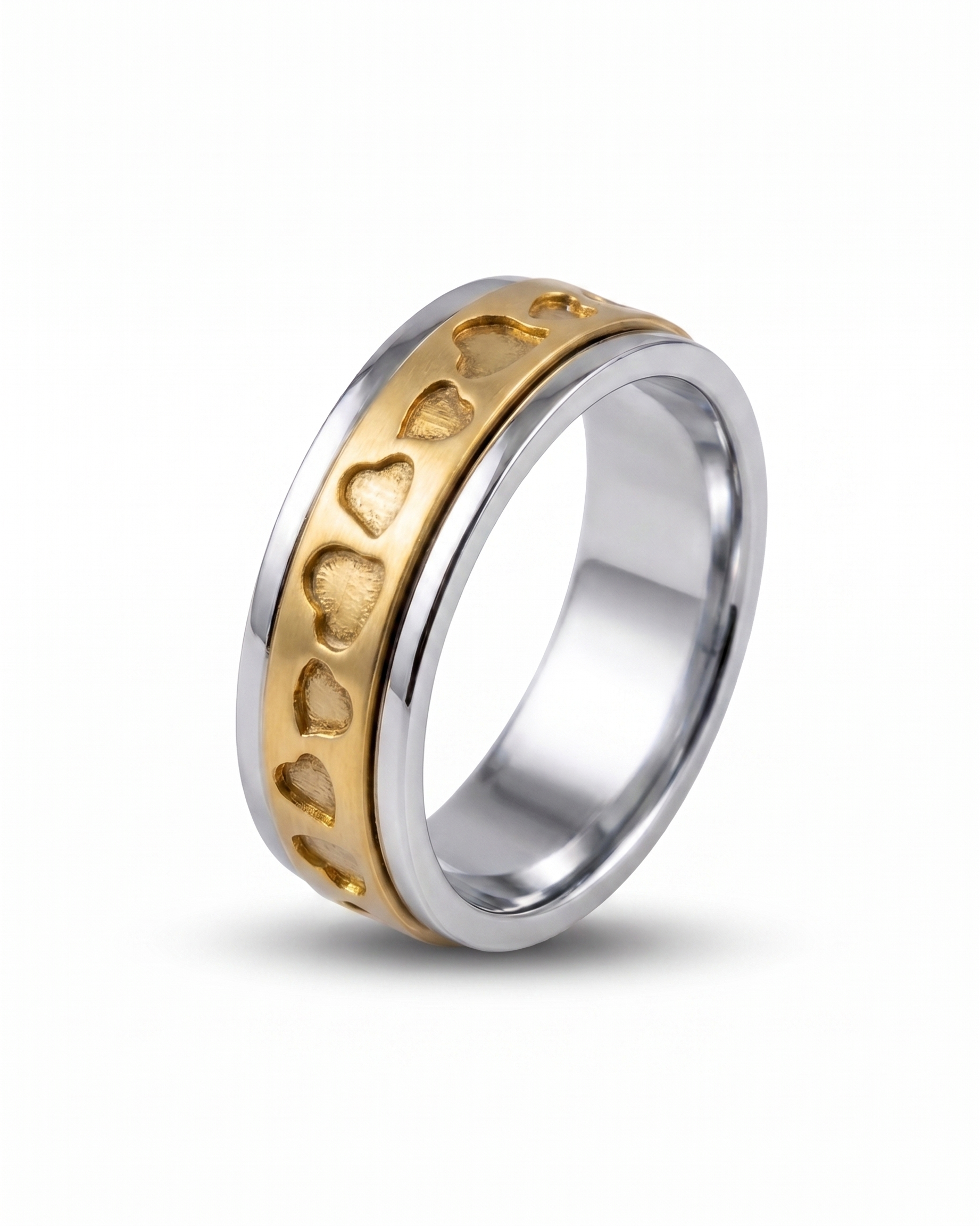 Sterling Silver Spinner Ring with Heart Pattern – Two-Tone Band, Everyday Wear