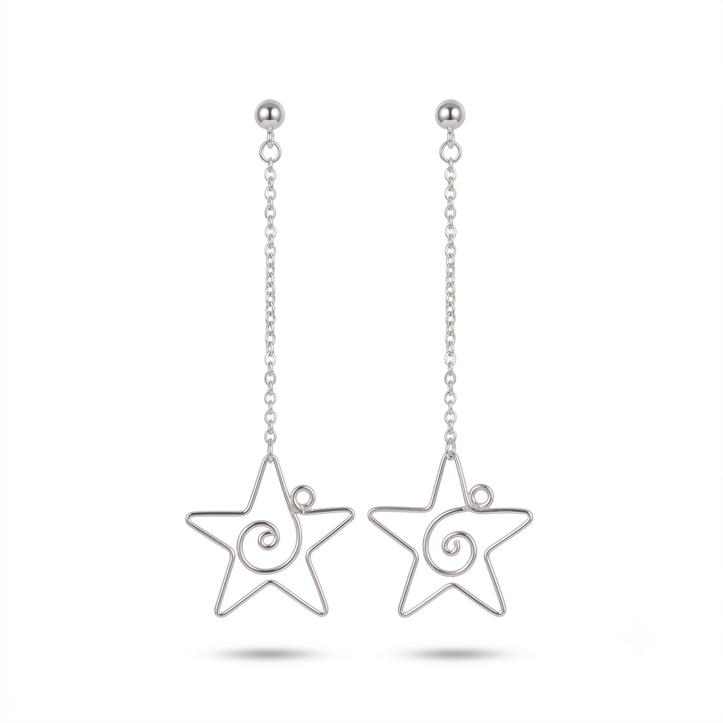 Sterling Silver Star Drop Earrings, Celestial Dangle, Handmade Swirl Detail Jewelry