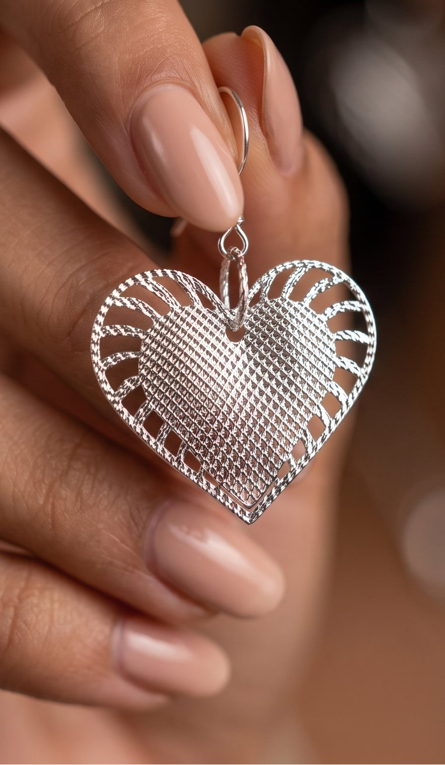 Silver Heart Dangle Earrings: Lightweight Double Drop Statement Jewelry