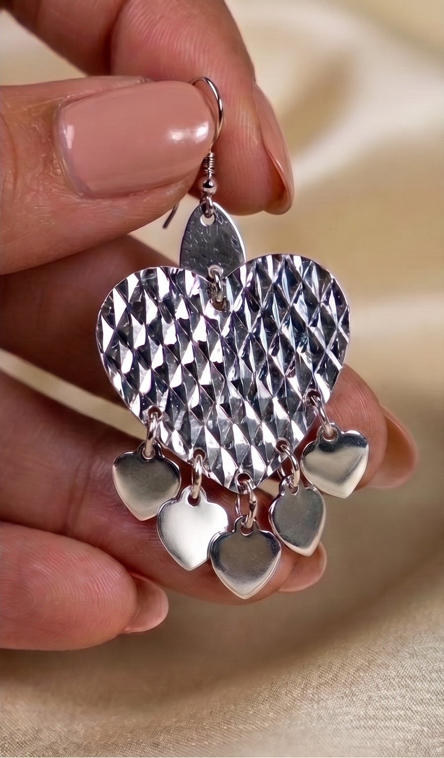 Textured Sterling Silver Heart Dangle Earrings – Layered Charm Statement Jewelry