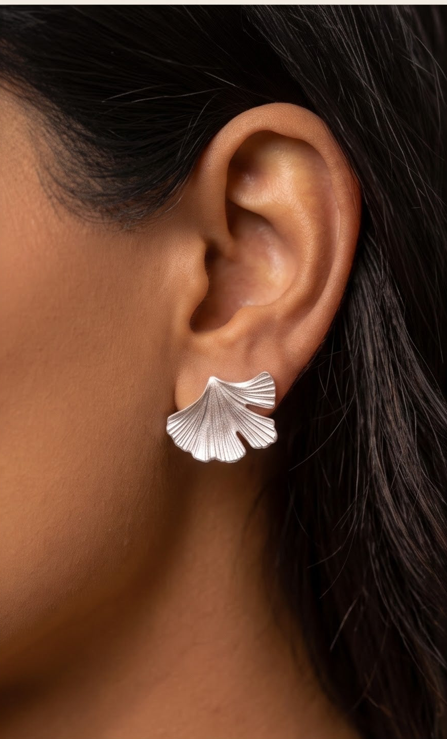 Sterling Silver Ginkgo Leaf Stud Earrings – Minimalist Botanical Nature Jewelry