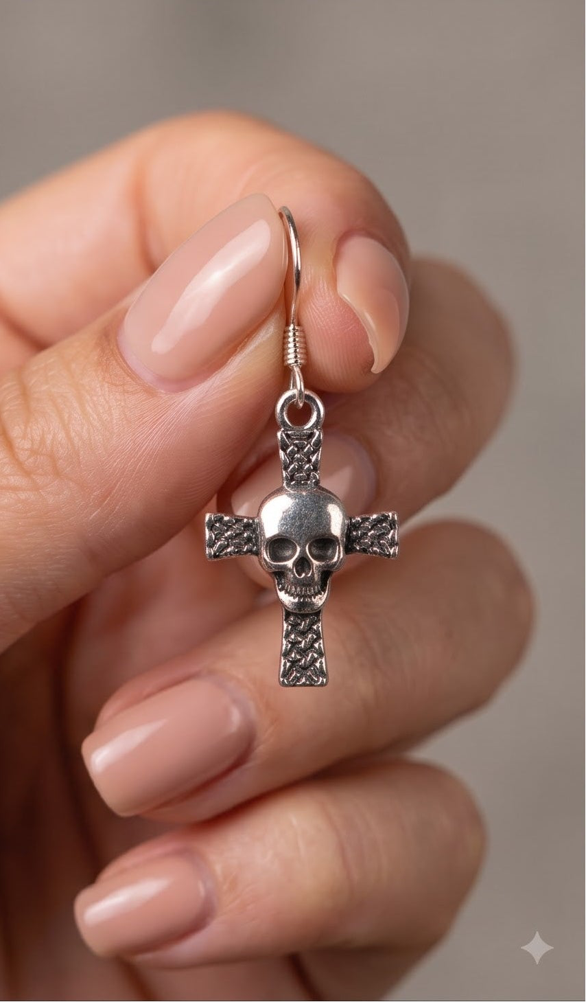 Skull Cross Dangle Earrings Sterling Silver Gothic Earrings – Alternative Jewelry Gift for Her – Lightweight Punk Drop Earrings
