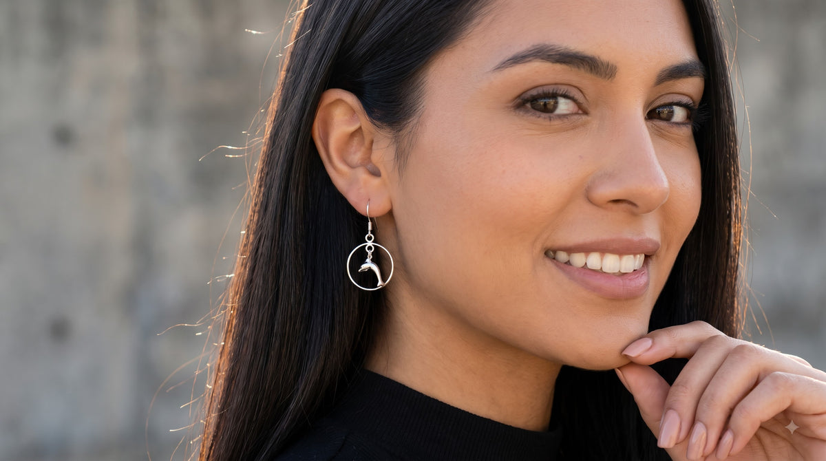 Handmade Silver Dolphin Earrings, Sterling Silver Dangle Earrings, Ocean Lover Gift for Her, Nautical Jewelry, Birthday Gift