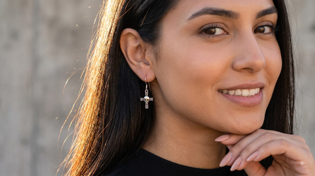 Skull Cross Dangle Earrings Sterling Silver Gothic Earrings – Alternative Jewelry Gift for Her – Lightweight Punk Drop Earrings