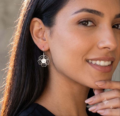 925 Sterling Silver Flower Earrings, Floral Dangle Earrings, Botanical Silver Jewelry, Lightweight Statement Earrings, Gift for Her